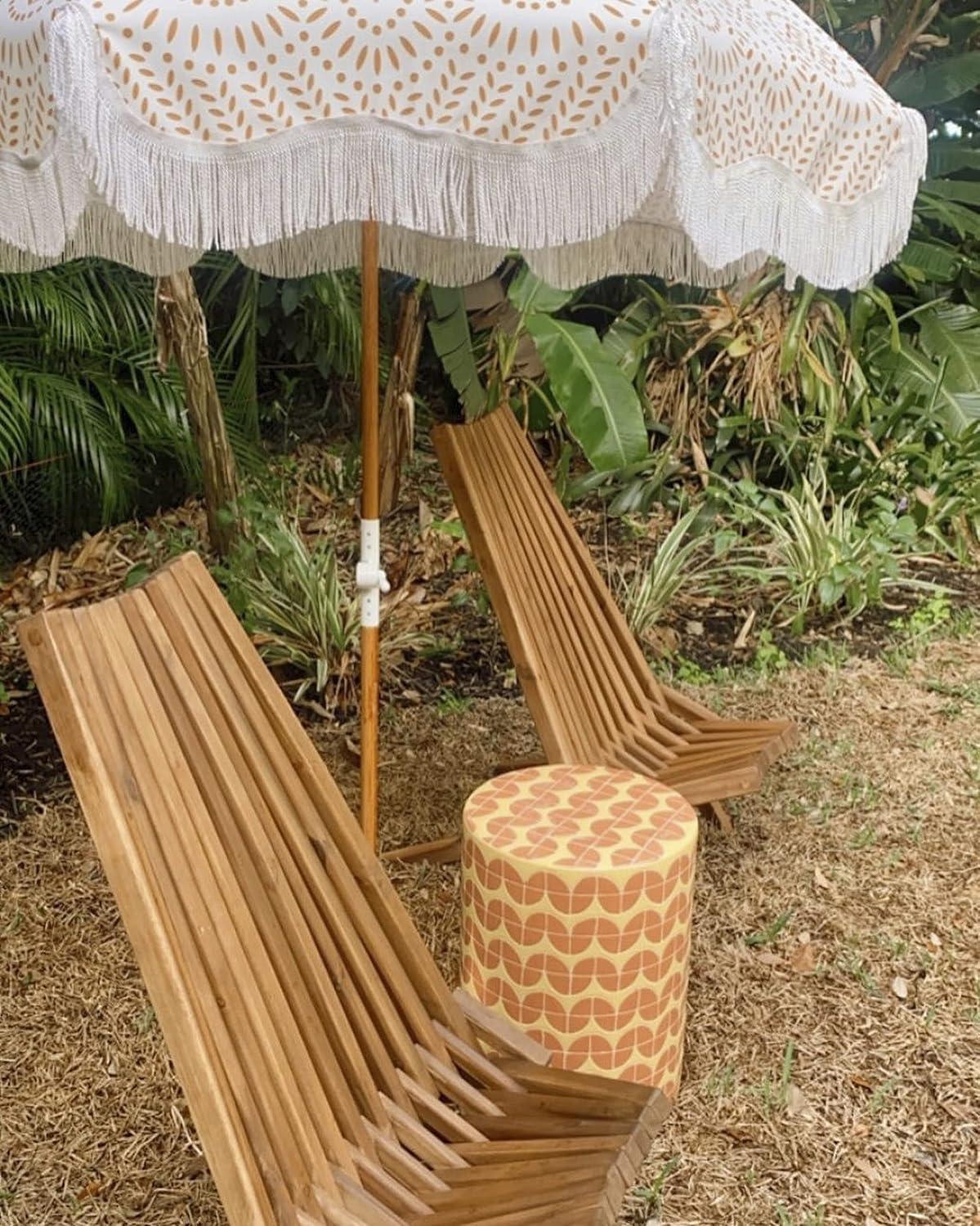 Beige Boho-Chic Aluminum Beach Umbrella with Fringe