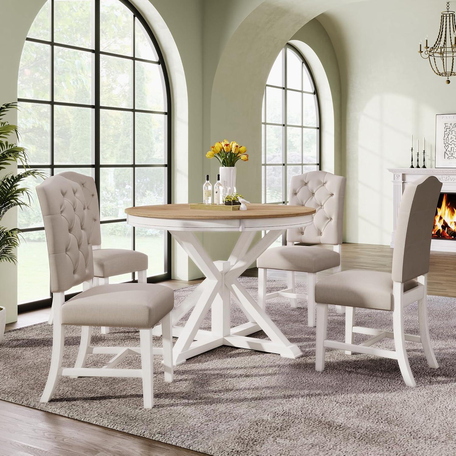 Churanty Wood Dining Table Set for 4 with Extendable Table and 4 Upholstered Chairs for Dining Room,Oak Natural Wood + Off White