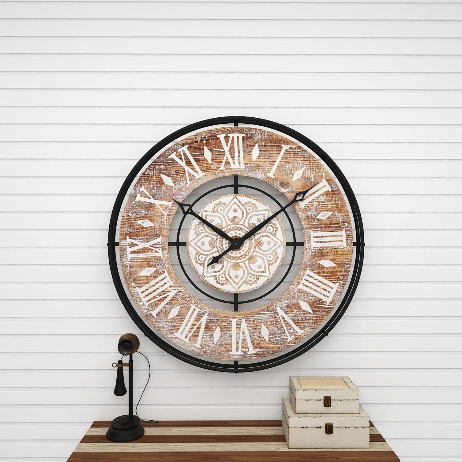 DecMode 34" Brown Metal Floral Wall Clock with Wood Accents