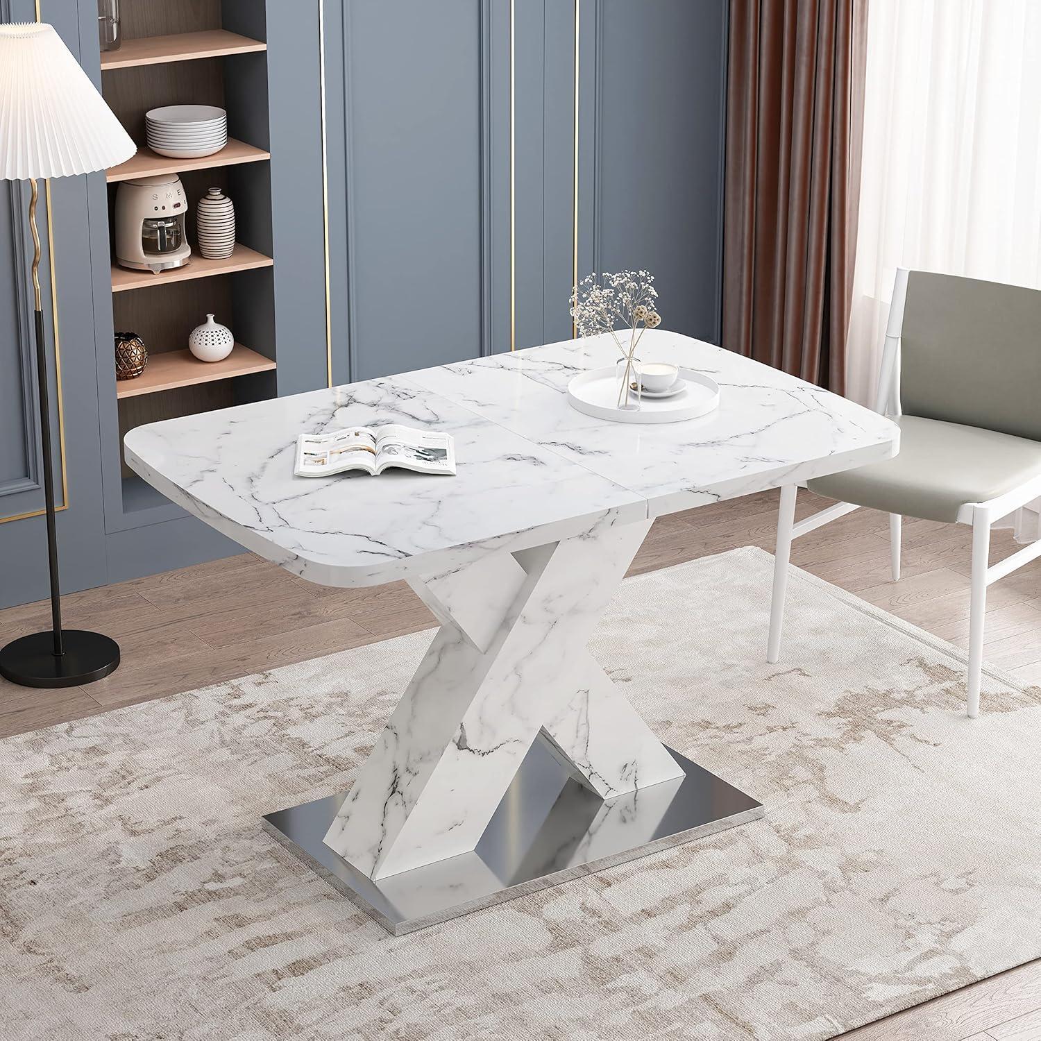Extendable Dining Table for 4-6 People, Expandable 47-63 Inch Modern White Faux Marble Dining Room Table with MDF Table Top X-Shape Table Leg Metal Base (White Top, White Leg)
