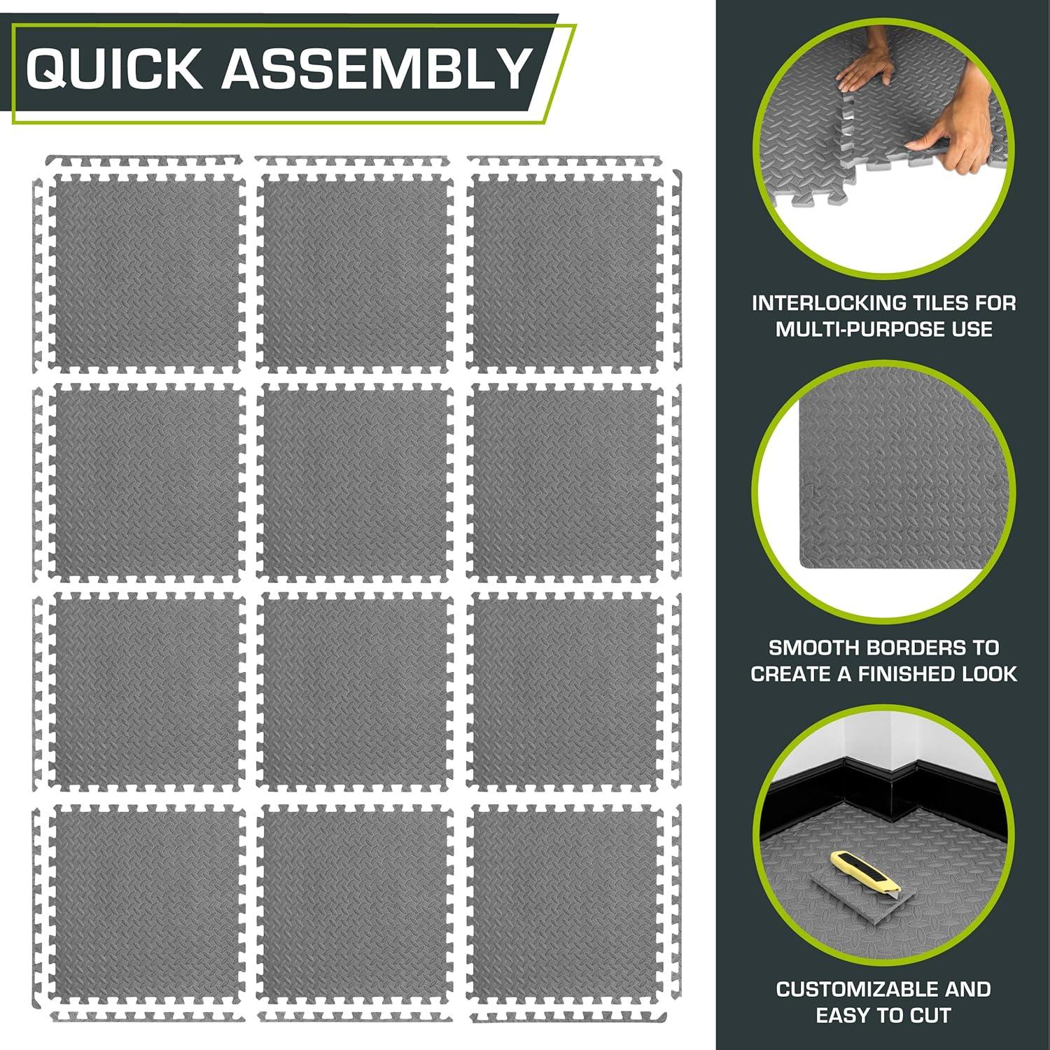 ProsourceFit Exercise Puzzle Mat 1/2-in, Grey, 48 Sq Ft - 12 Tiles