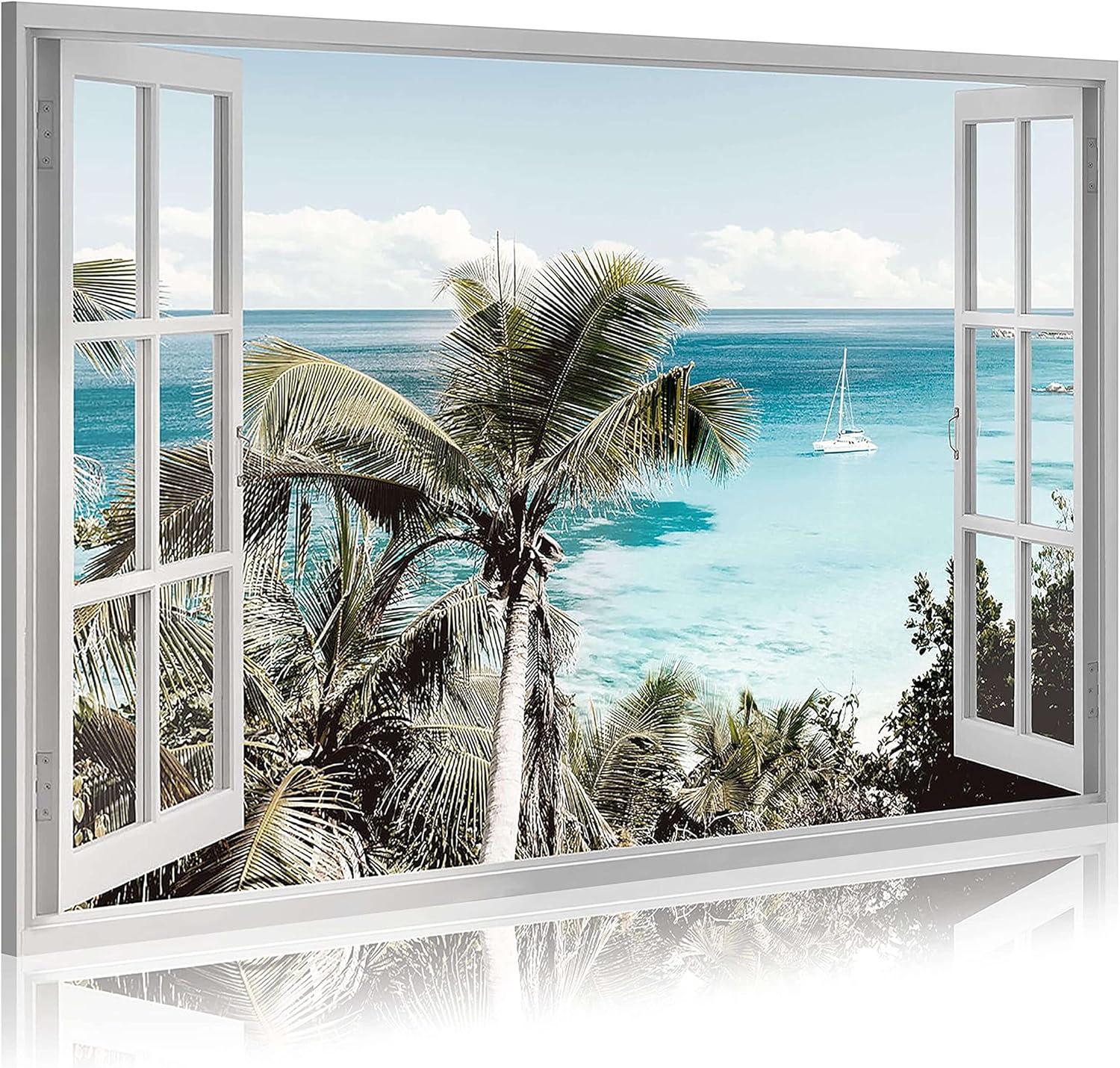 wall26 Canvas Print Wall Art Window View of Tropical Island Beach Paradise Nature Wilderness Photography Modern Art Rustic Scenic Colorful Ultra for Living Room, Bedroom, Office - 24"x36"