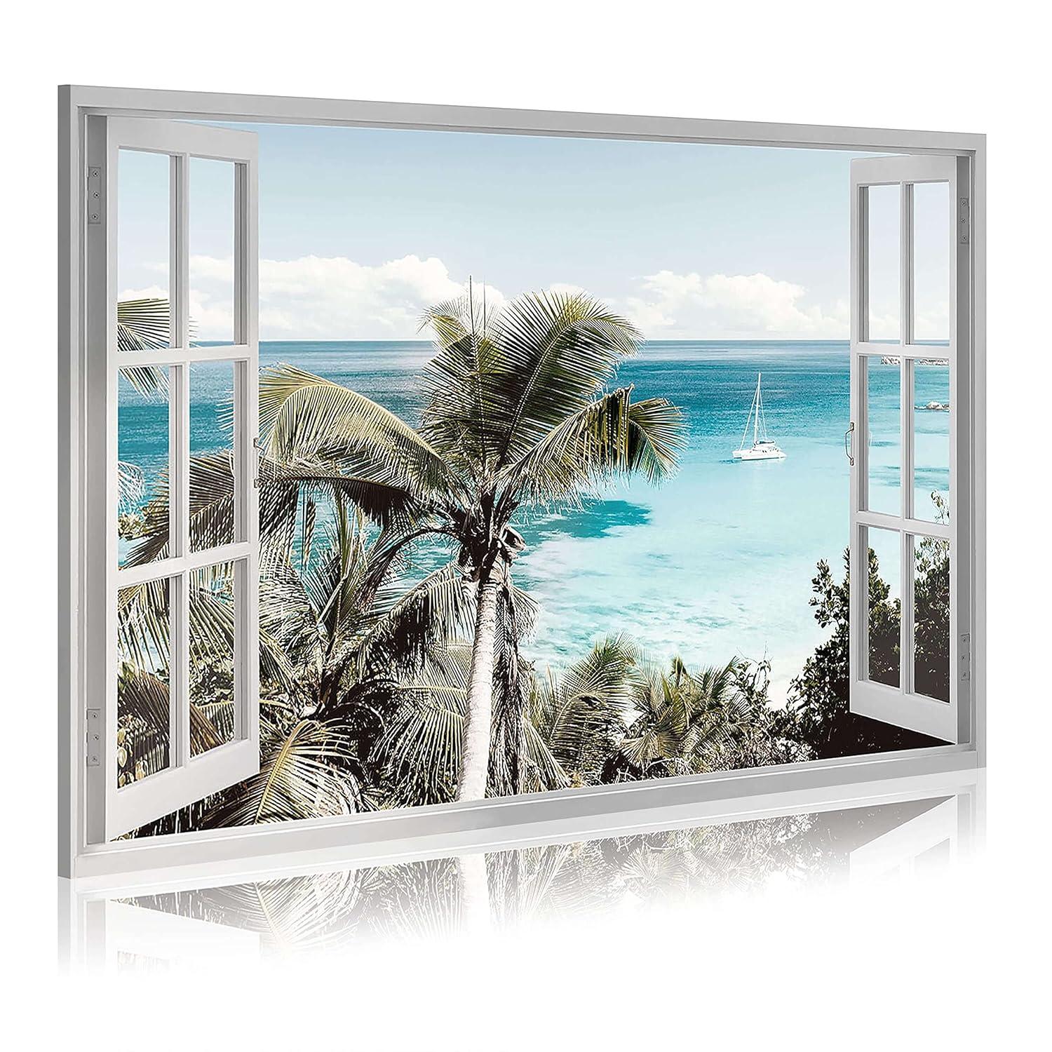 wall26 Canvas Print Wall Art Window View of Tropical Island Beach Paradise Nature Wilderness Photography Modern Art Rustic Scenic Colorful Ultra for Living Room, Bedroom, Office - 24"x36"