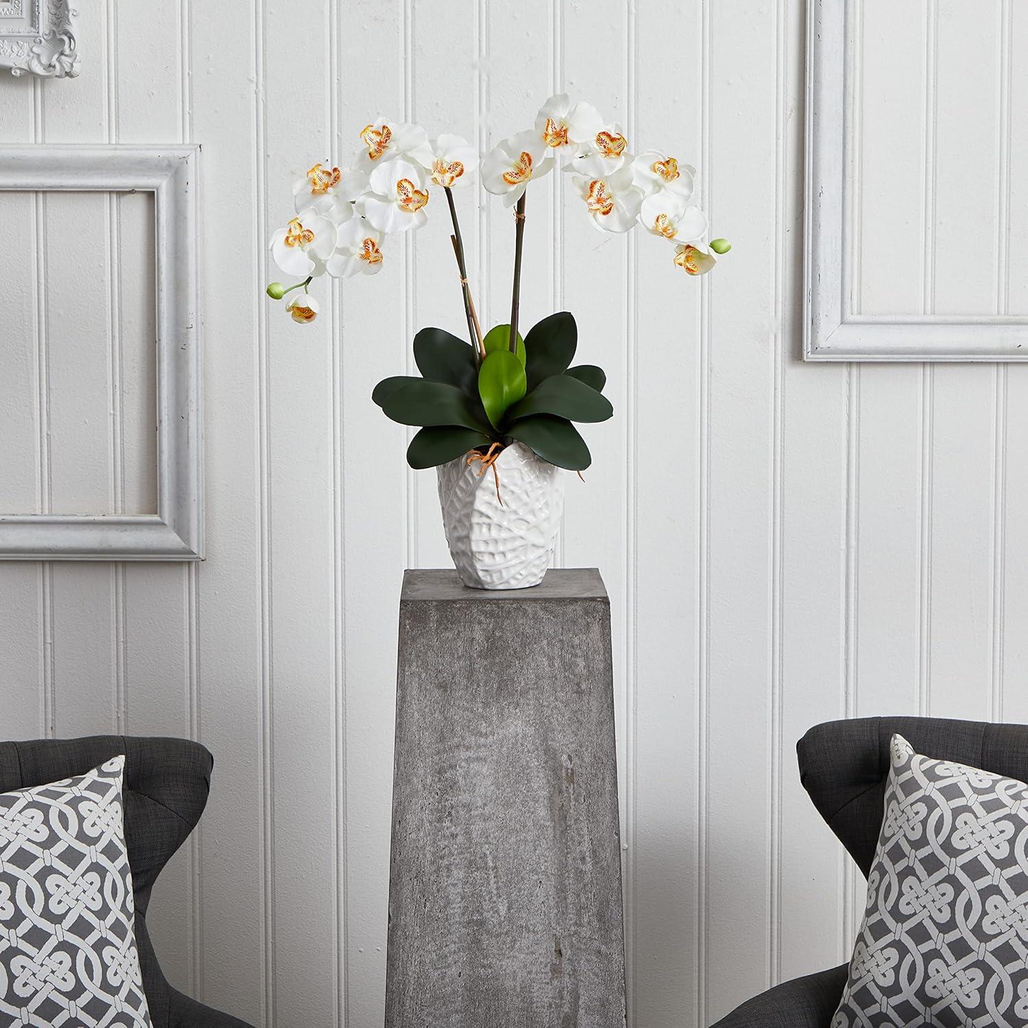 Silk Plant Nearly Natural Double Phalaenopsis Orchid in White Vase