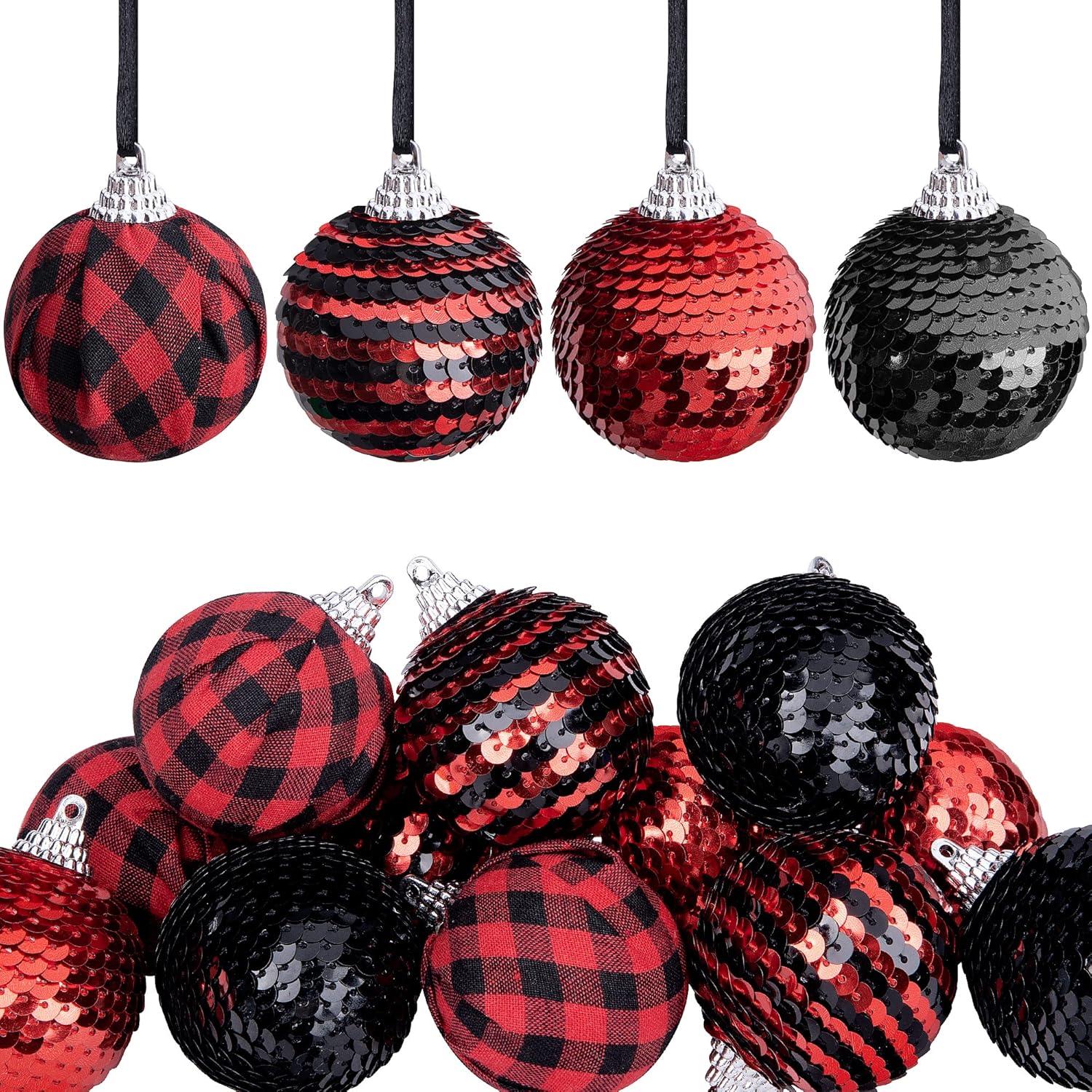 12pcs Black and Red Sequin Balls,1.96" Christmas Buffalo Plaid Hanging Balls,Shatterproof Xmas Checkered Tree Ornaments for Party Home Decor