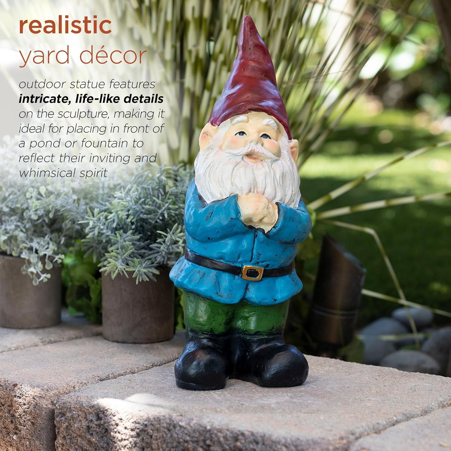 12" Polyresin Bearded Garden Gnome Statue With Red Hat - Alpine Corporation: Outdoor Lawn Decor, Solar Lighting Feature