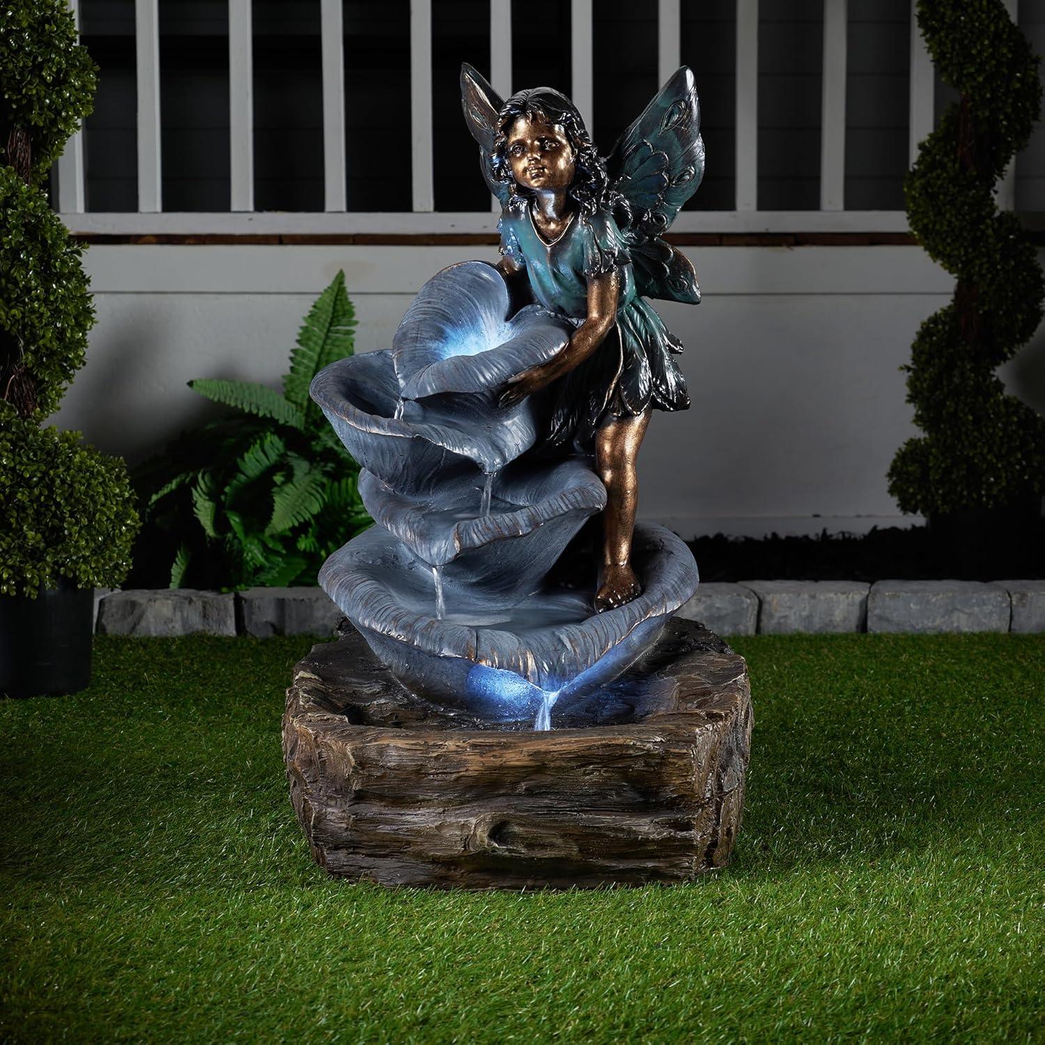 Hi-Line Gift Ltd. Contemporary Semi-Circle Tiered Fountain Outdoor with Warm White LEDS