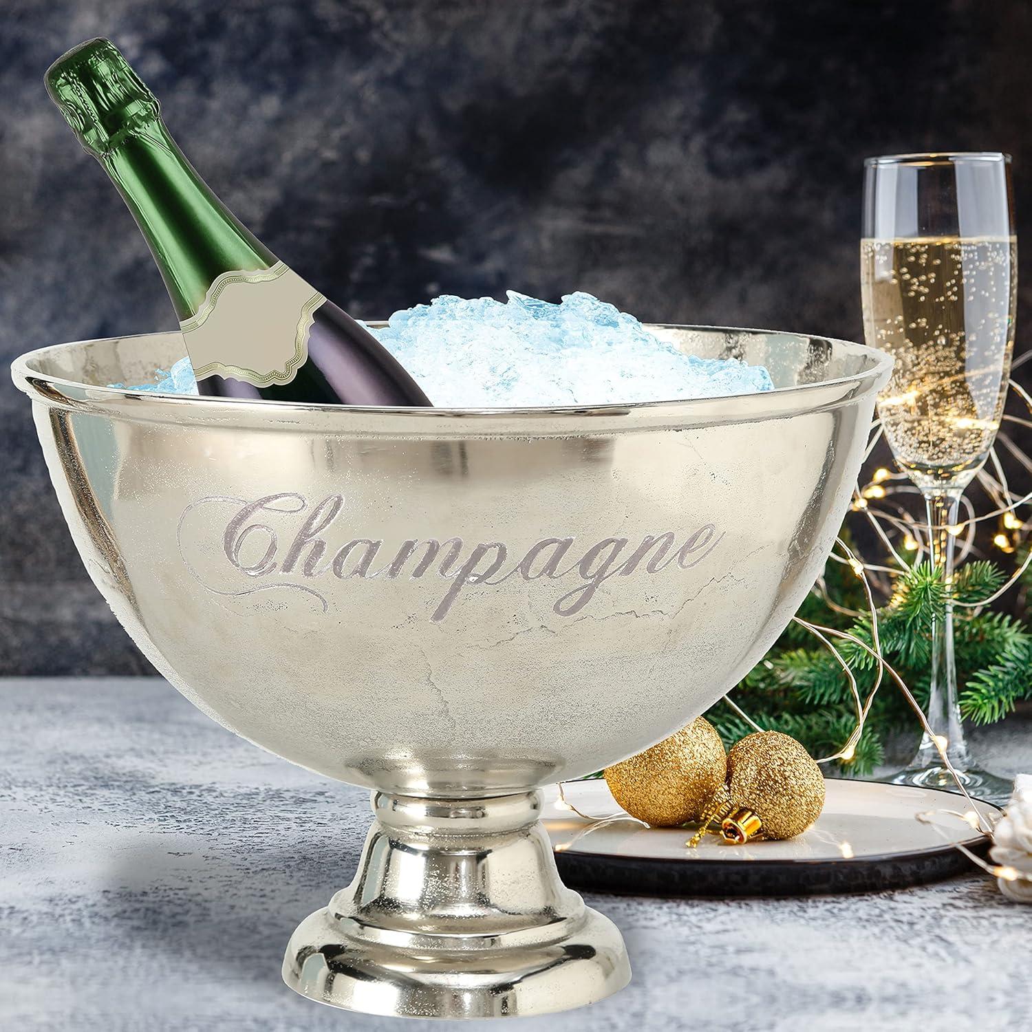 Luxury Champagne Ice Bucket, Elegant Script Text Details, Hand Cast, Silver Aluminum, 18.5 inches