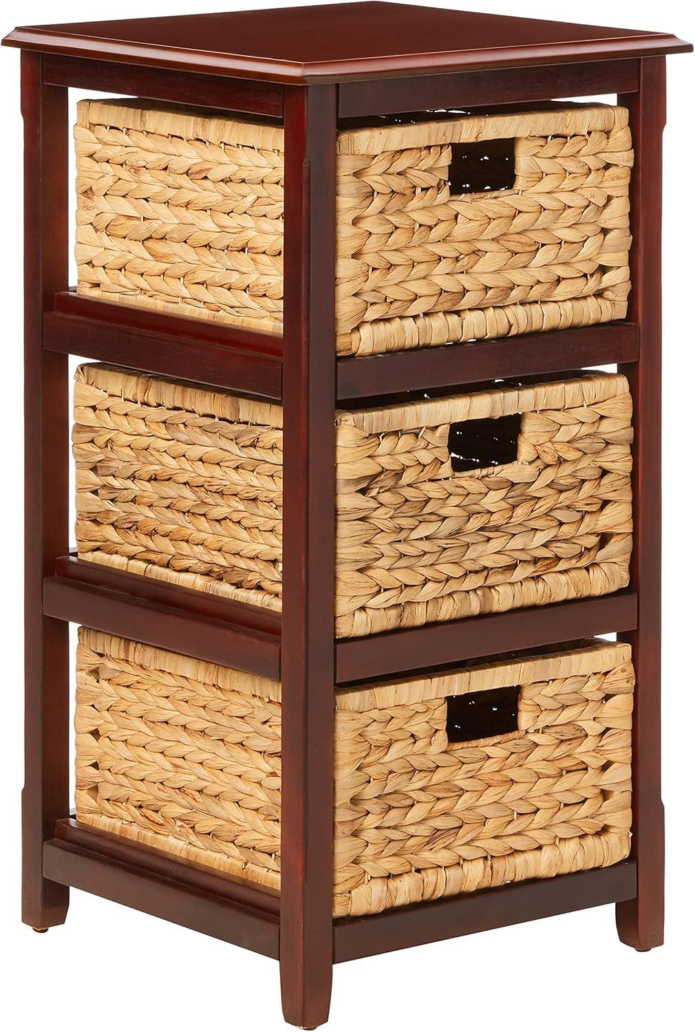 OSP Home Furnishings Seabrook Three-Tier Storage Unit With Espresso Finish and Natural Baskets