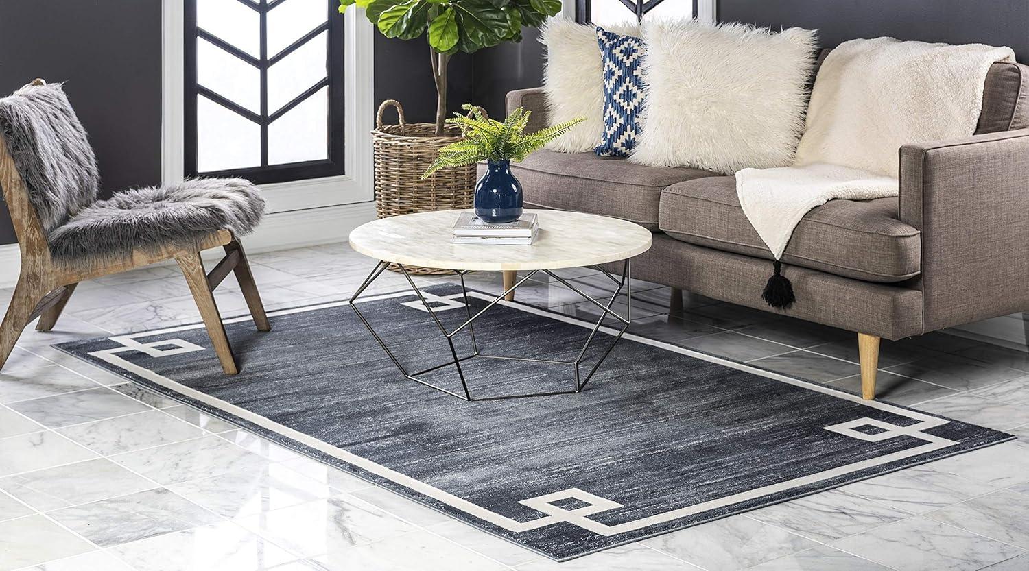 Navy Blue Geometric 8' x 10' Stain-Resistant Synthetic Area Rug