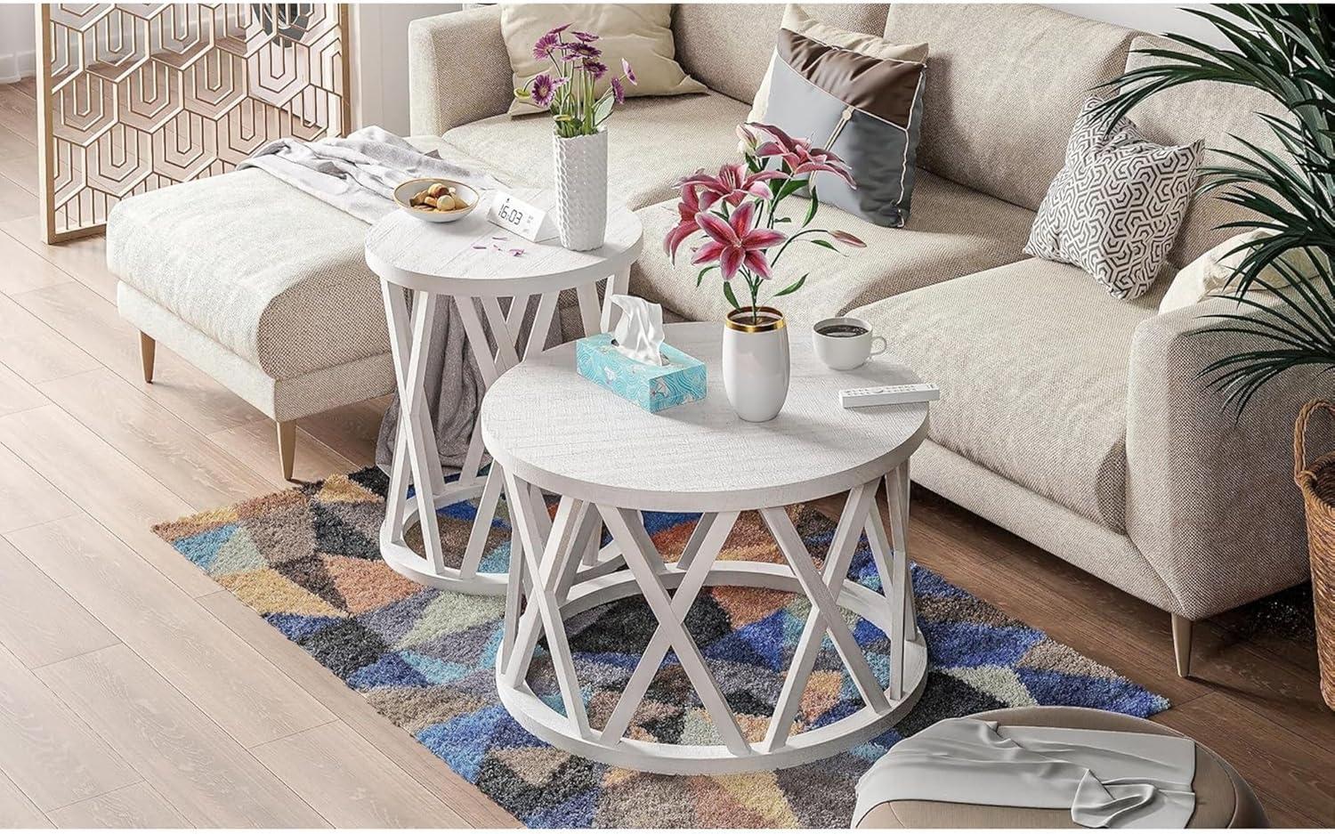 Antique White Round Wood Coffee Table with X-Motifs