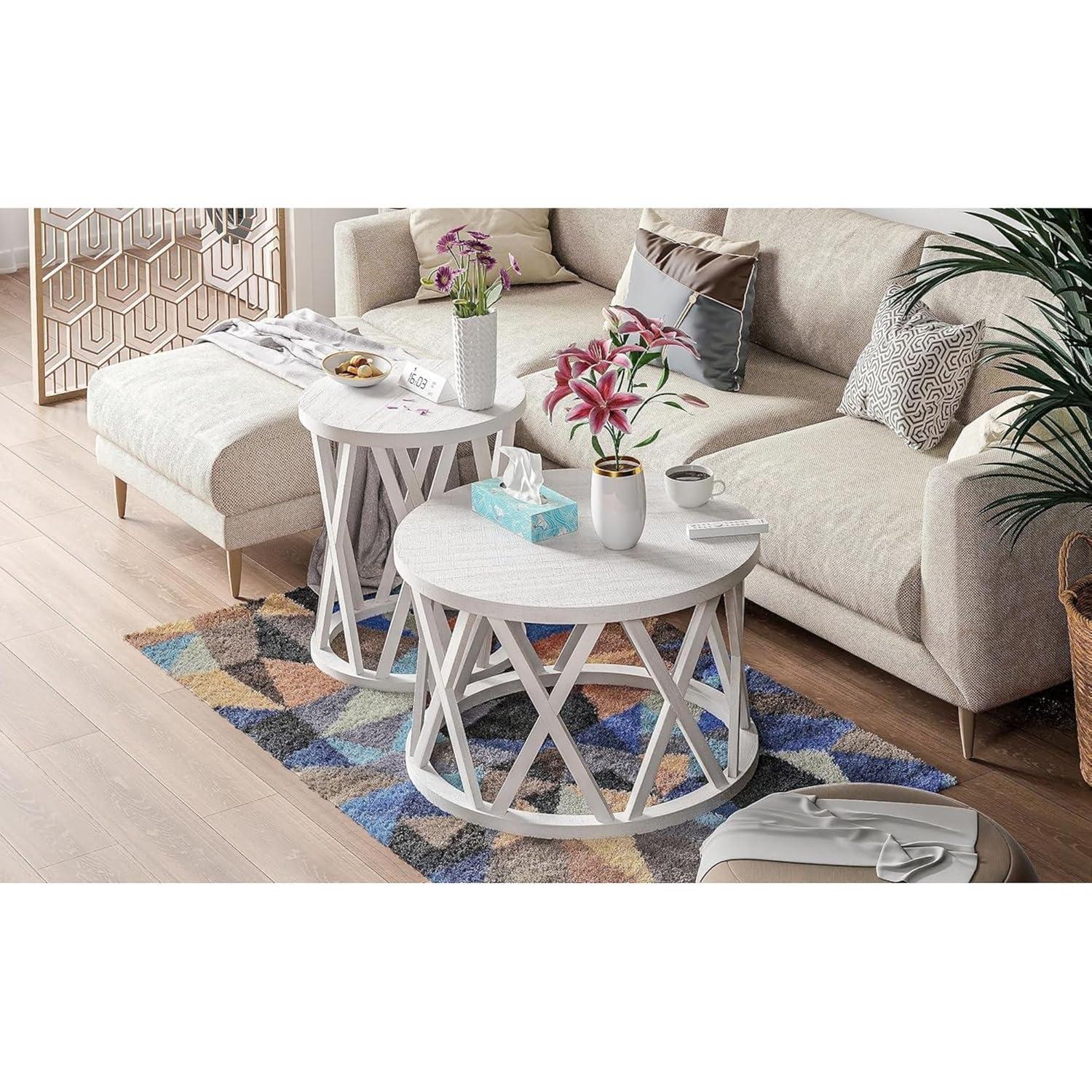 Antique White Round Wood Coffee Table with X-Motifs
