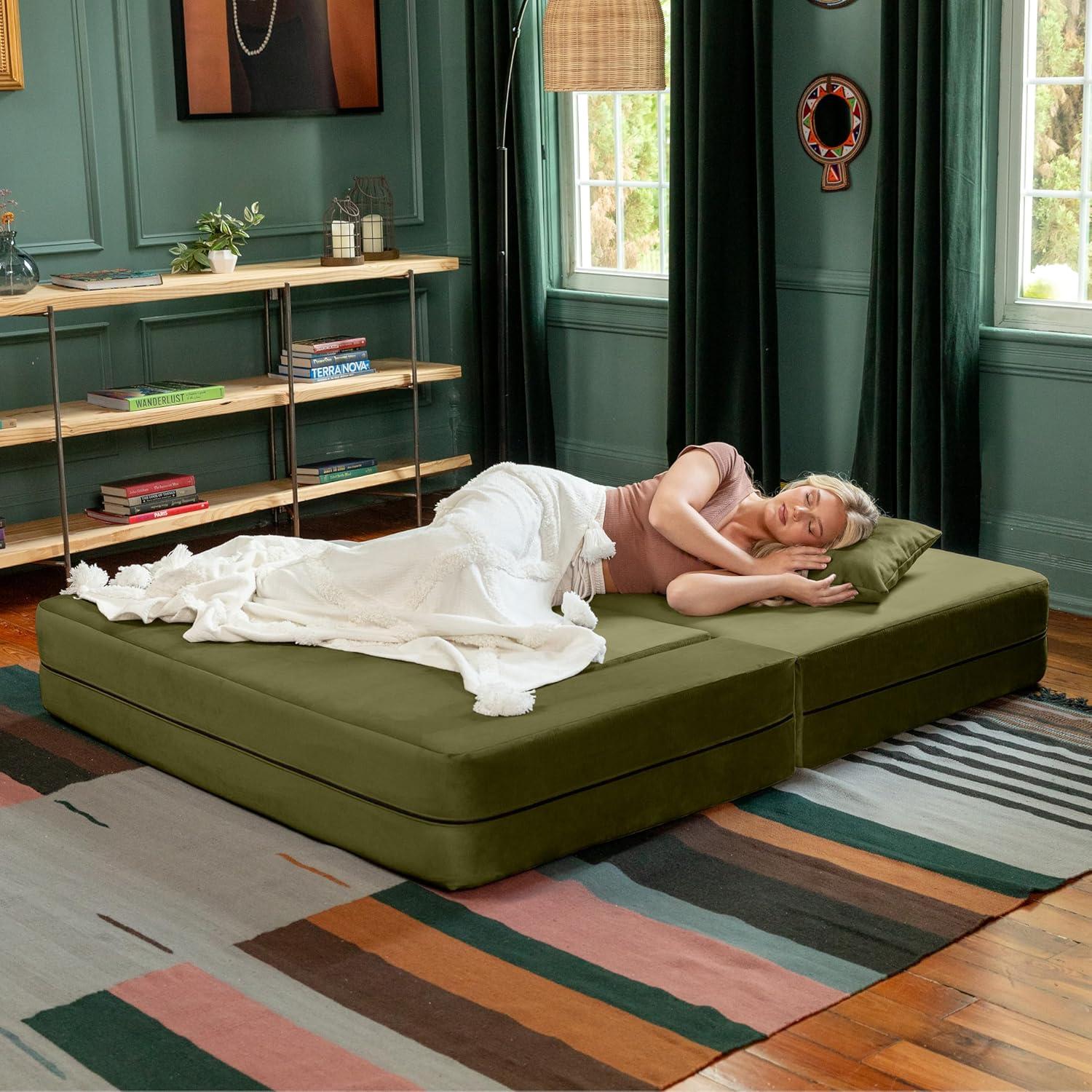 Jaxx Zipline Convertible Sleeper Loveseat & Ottomans/Queen-Size Bed, Moss