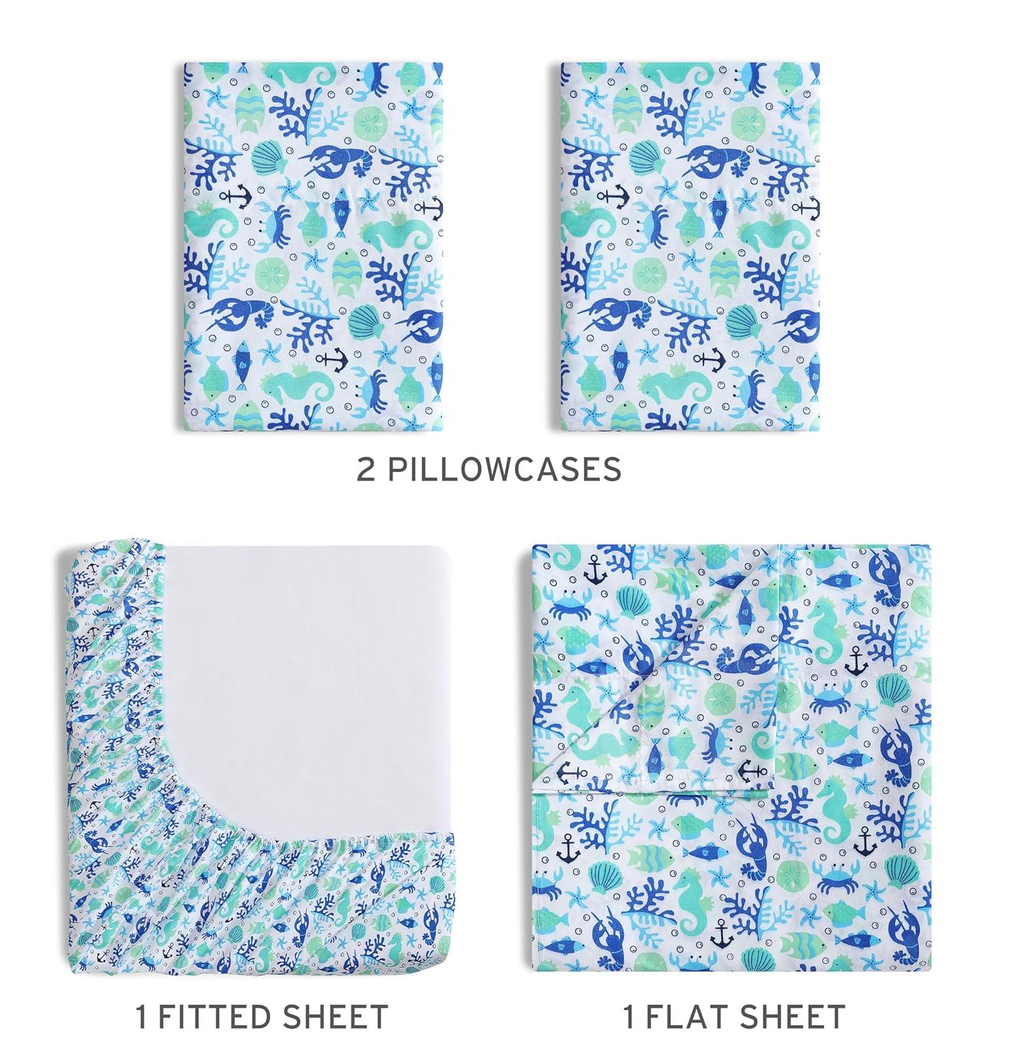 Coastal Print Microfiber Sheet Set, Full, Clearwater Aqua