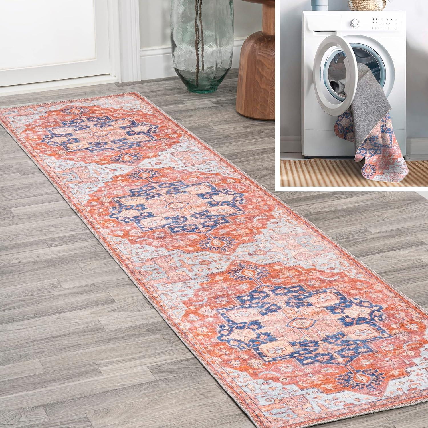 2' x 8' Maris Ornate Medallion Machine Washable Indoor/Outdoor Runner Rug, Orange/Cream - JONATHAN Y