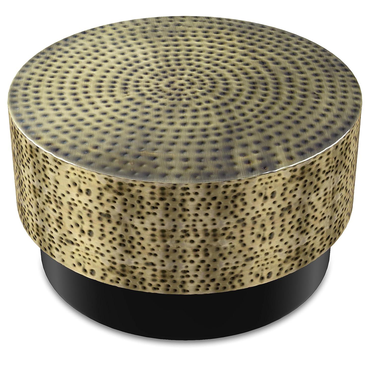 Simpli Home Montrose 30"W Antique Gold and Black Metal Modern Industrial Round Coffee Table with Hammered Texture, Fully Assembled