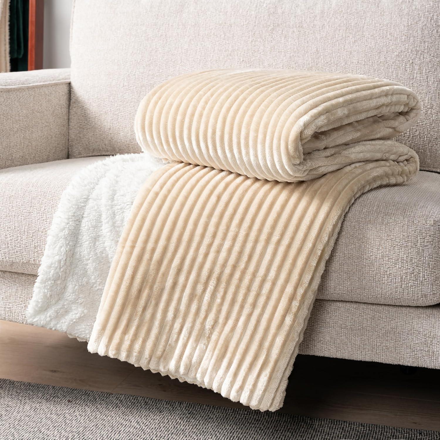 PAVILIA Soft Thick Fleece Flannel Ribbed Striped Throw Blanket, Luxury Fuzzy Plush Warm Cozy for Sofa Couch Bed