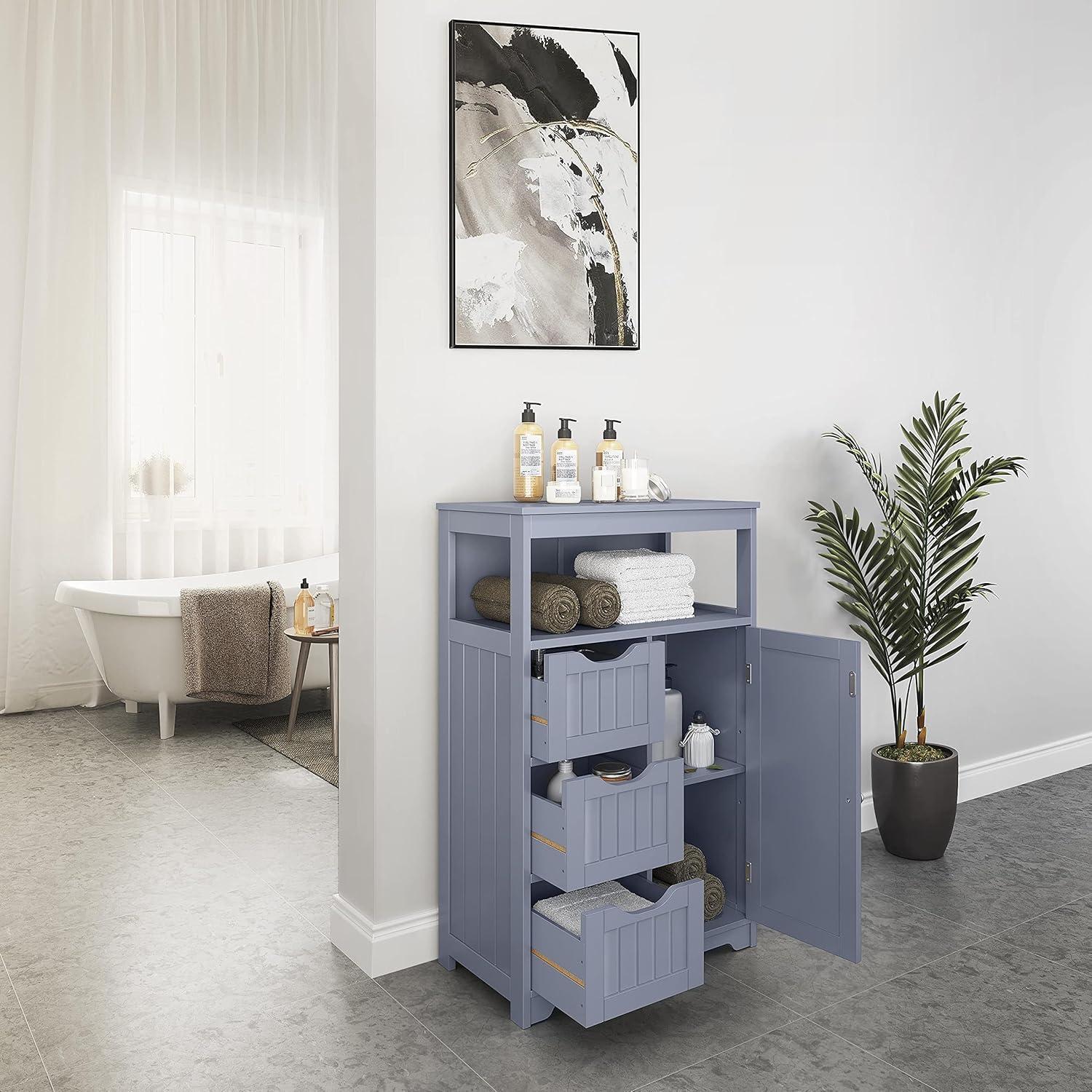 Gray MDF Bathroom Floor Cabinet with Drawers and Shelves