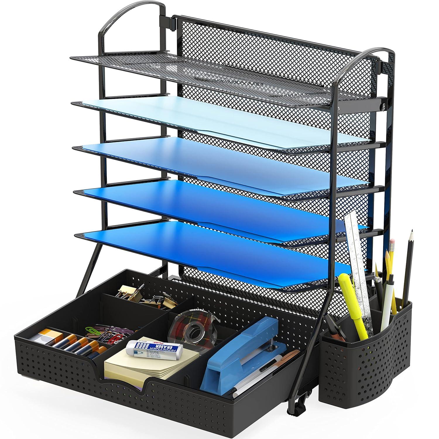 SimpleHouseware 6 Trays Desk Document File Tray Organizer with Supplies Sliding Drawer, Black