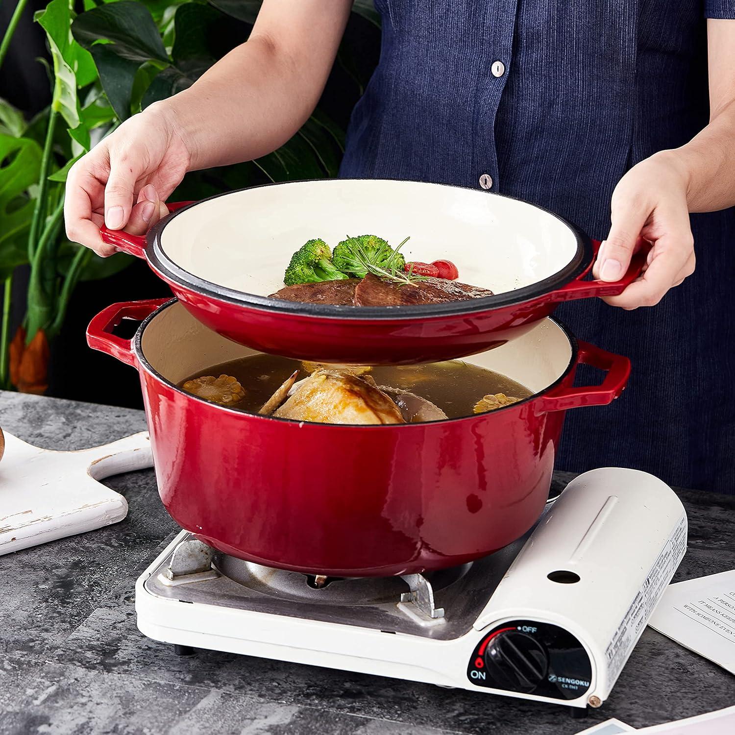 Red Enameled Cast Iron 7-Quart Dutch Oven with Porcelain Lid