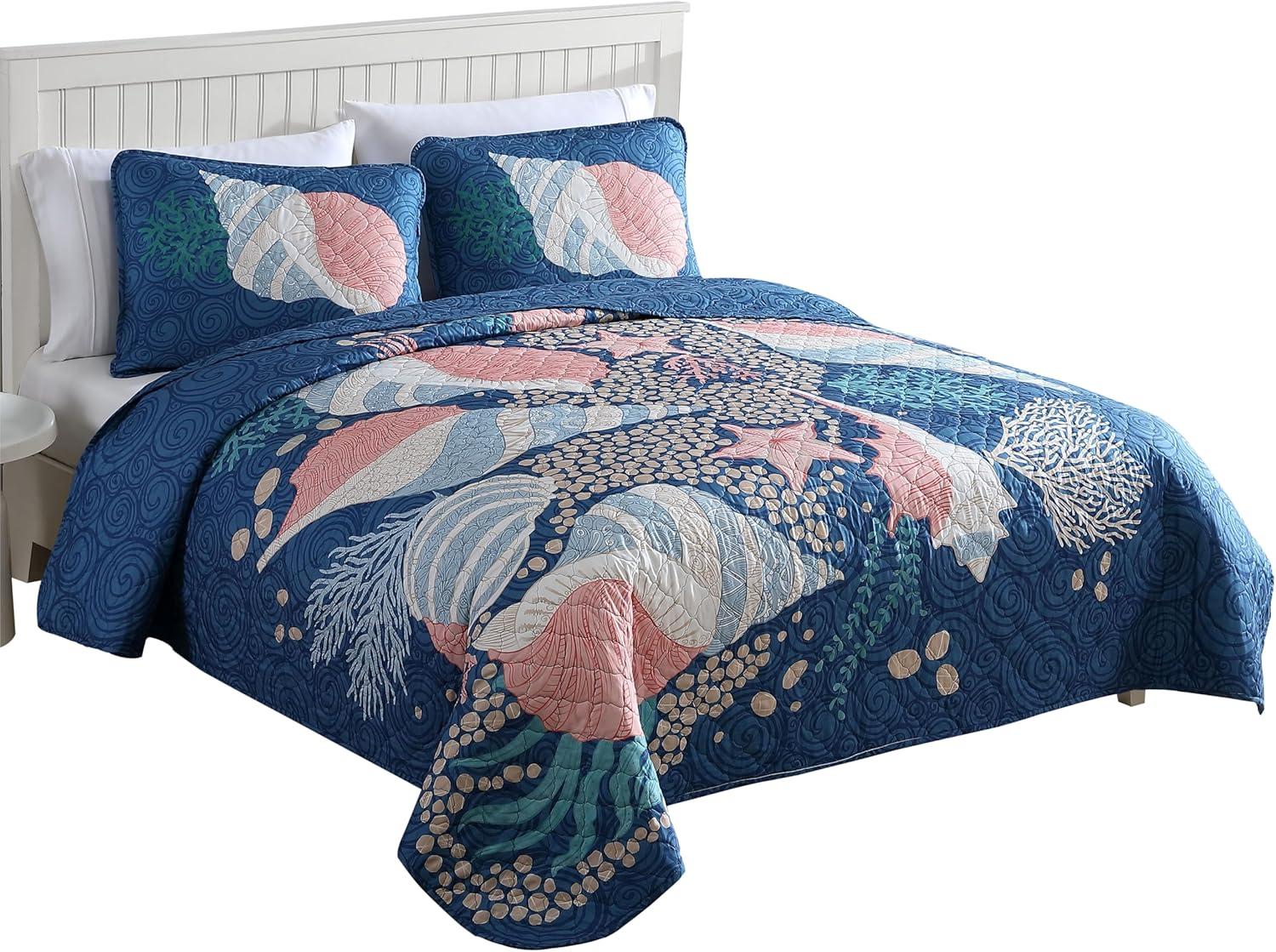 Caribbean Joe  Coastal 3PC Quilt Set Patterned Shell Navy - Full - Queen