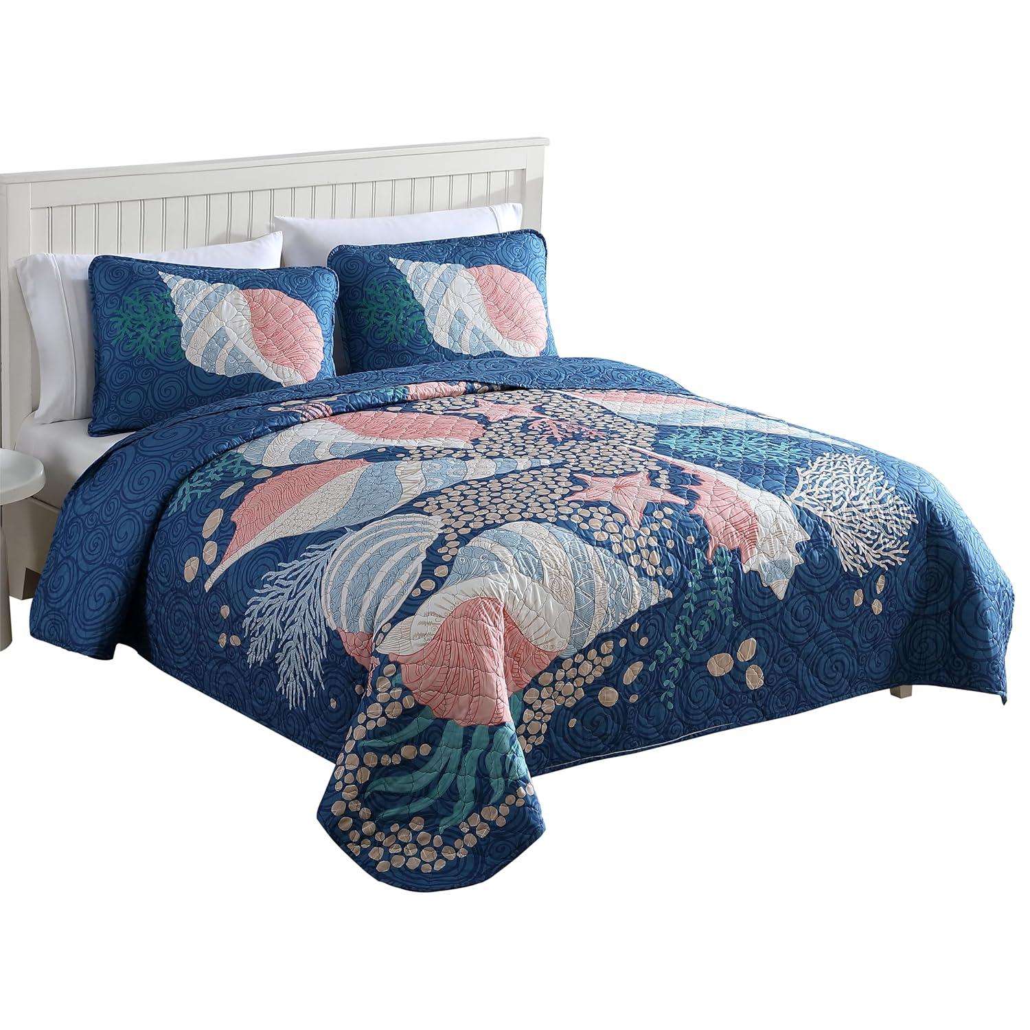 Caribbean Joe  Coastal 3PC Quilt Set Patterned Shell Navy - Full - Queen