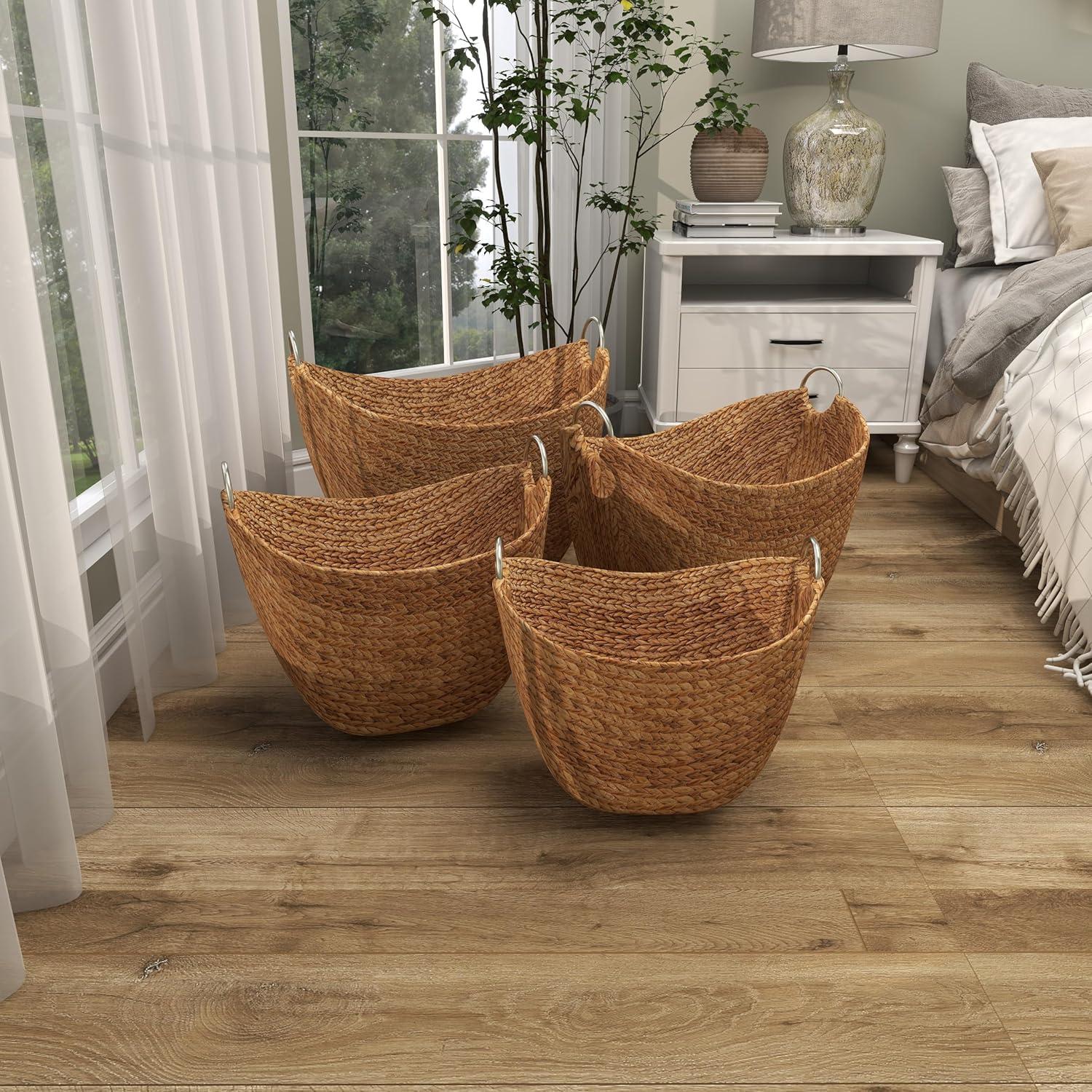 4 Piece Brown Seagrass Handmade Woven Storage Basket with Metal Handles Set