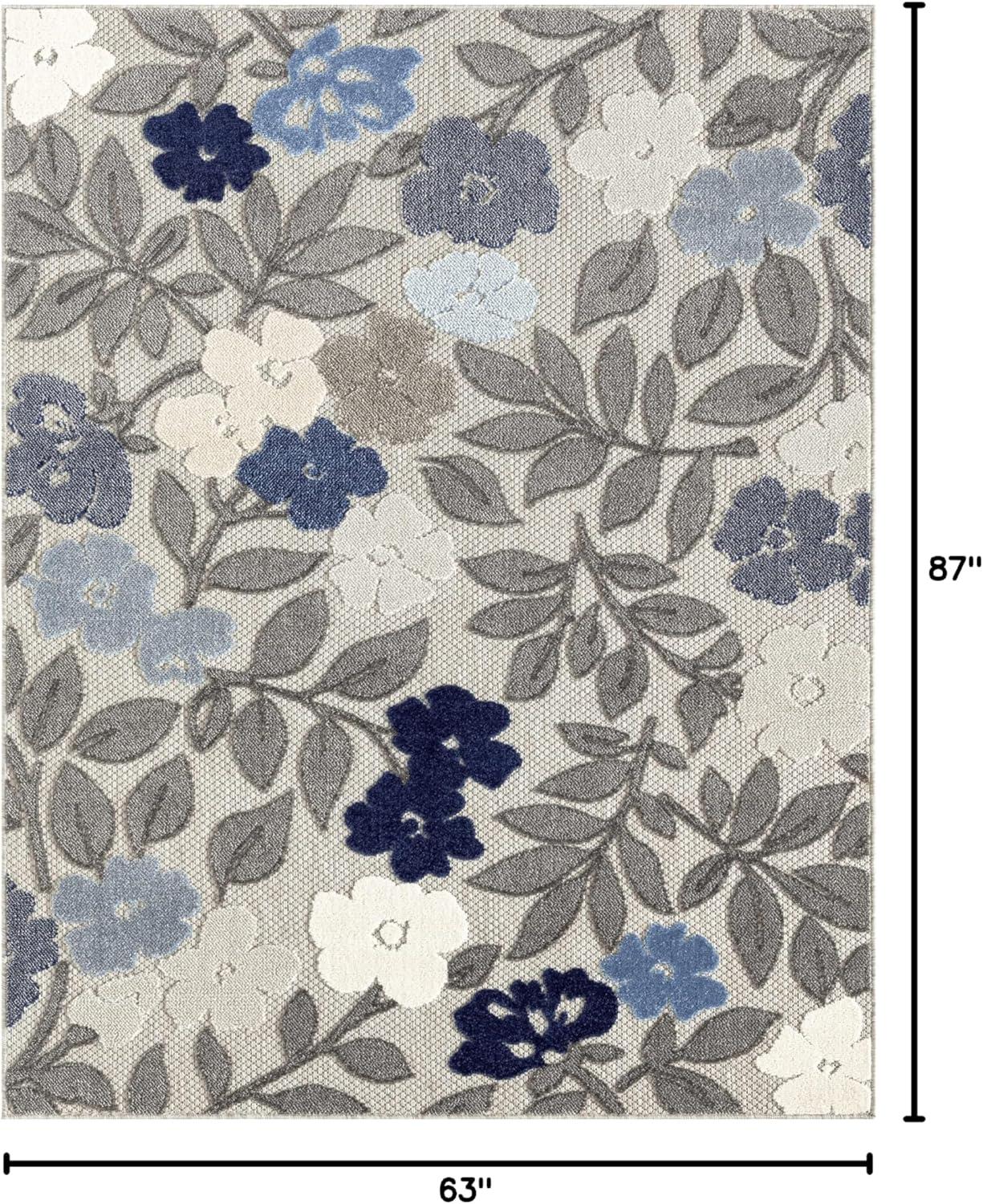 Blue and Gray Floral Synthetic 5' x 7' Reversible Rug