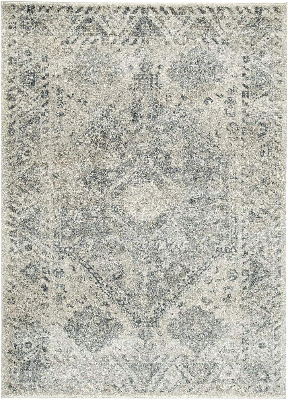 Large Gray and Cream Medallion Synthetic Rug