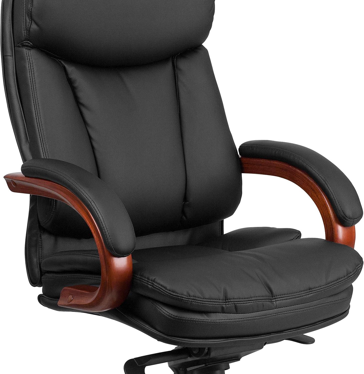 High Back Black Leather Executive Swivel Office Chair with Mahogany Wood Base