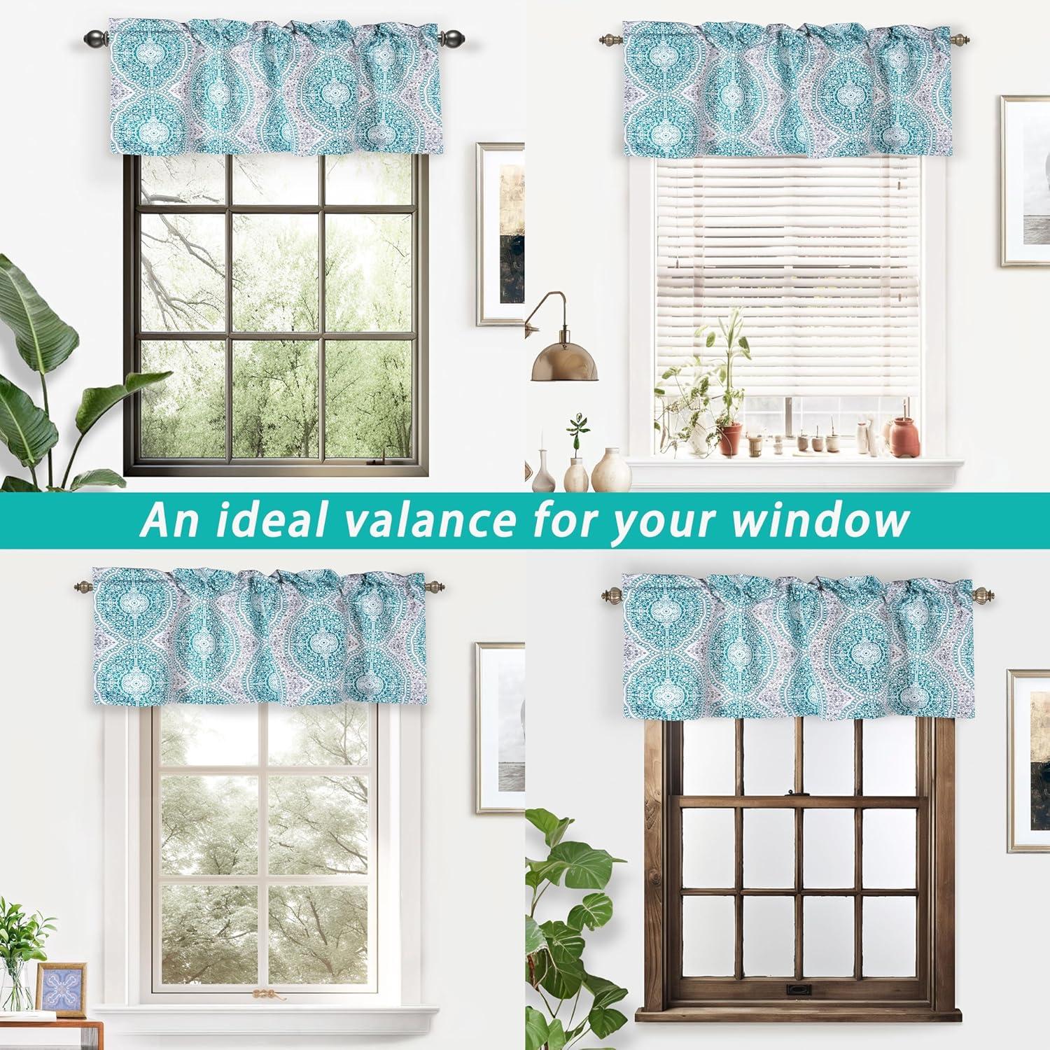 Adrianne Teal Blue Damask Floral Rod Pocket Valance