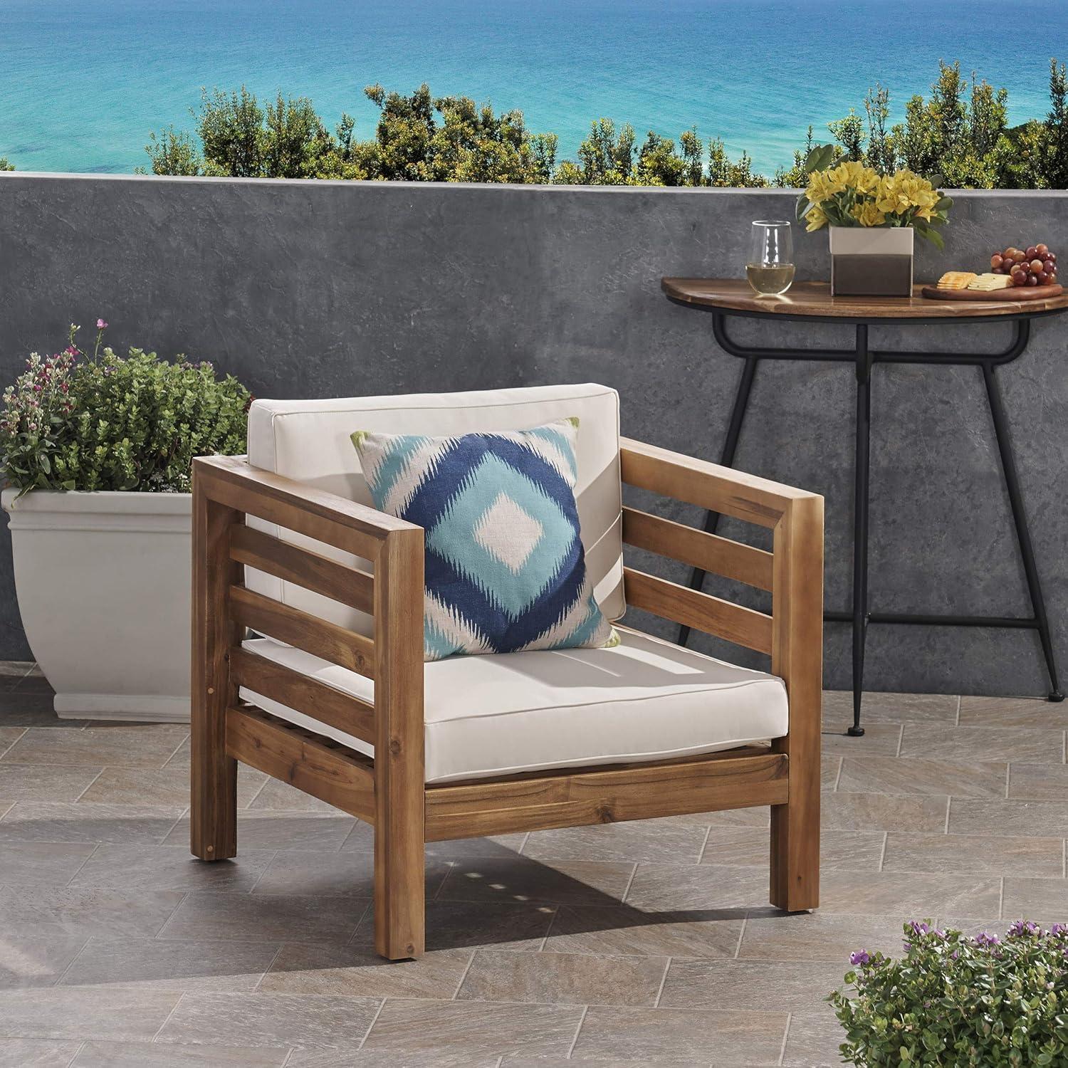 Frankie Outdoor Acacia Wood Club Chair with Cushion, Teak and Beige