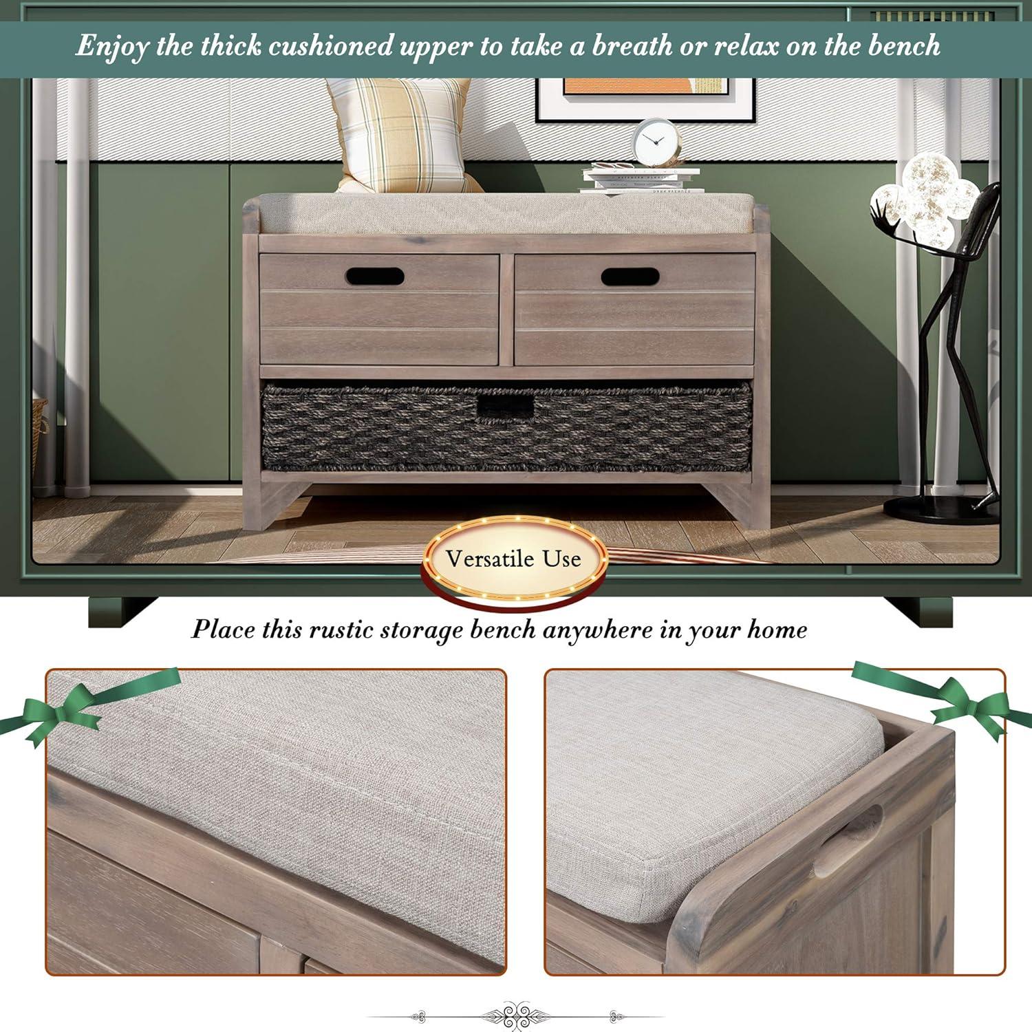 Knocbel Farmhouse Storage Bench, Hallway Entryway Bedroom Cabinet with Drawers, Removable Cushion & Wicker Basket, Fully Assembled, 32" L x 11.8" W x 20" H (White Washed)