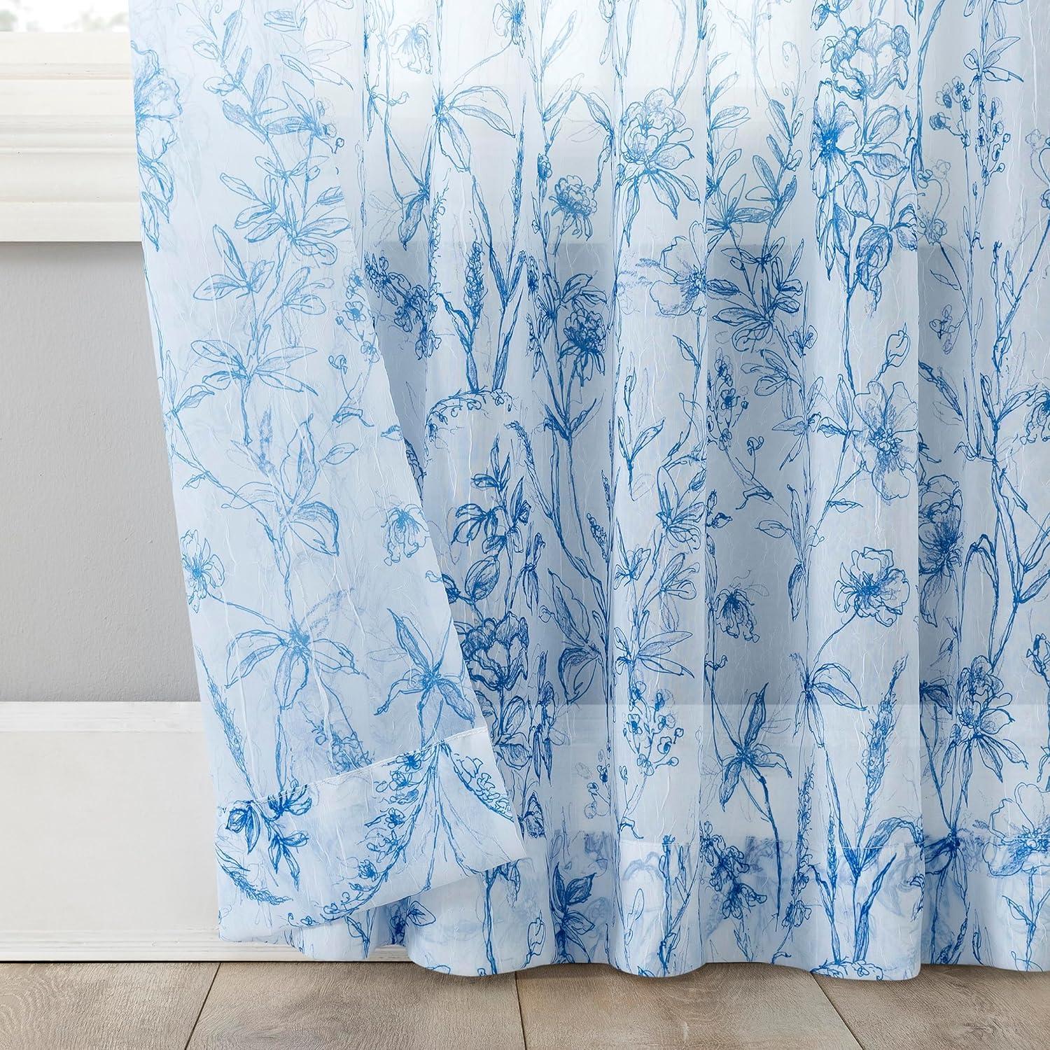 Chinoiserie Blue Floral Sheer Rod Pocket Curtain Panel 51" x 63"