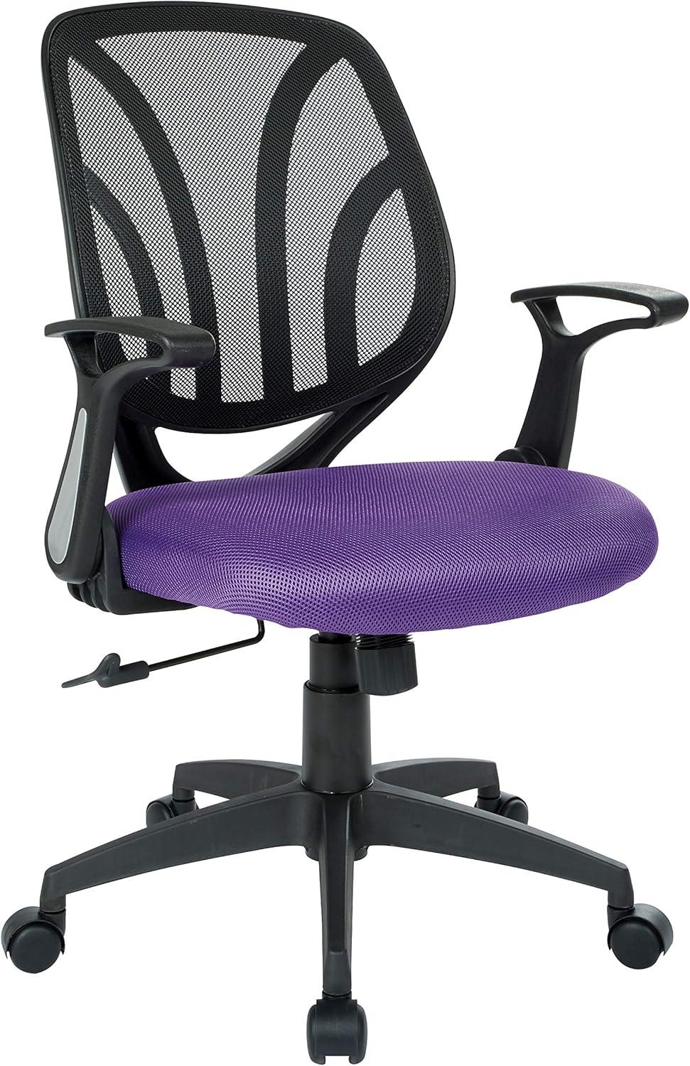 Office Star Products Screen Back Chair with Purple Mesh, Flip Arms, and Silver Accents