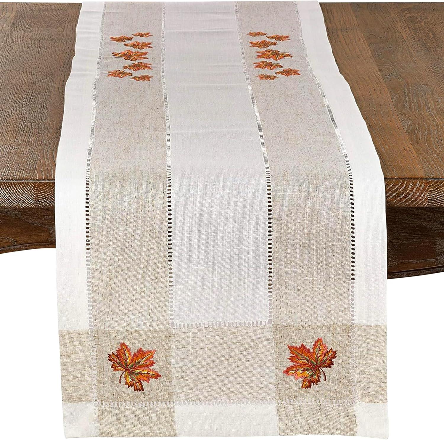 Saro Lifestyle Embroidered Table Runner With Leaf Hemstitch Design, 15"x70", Off-White