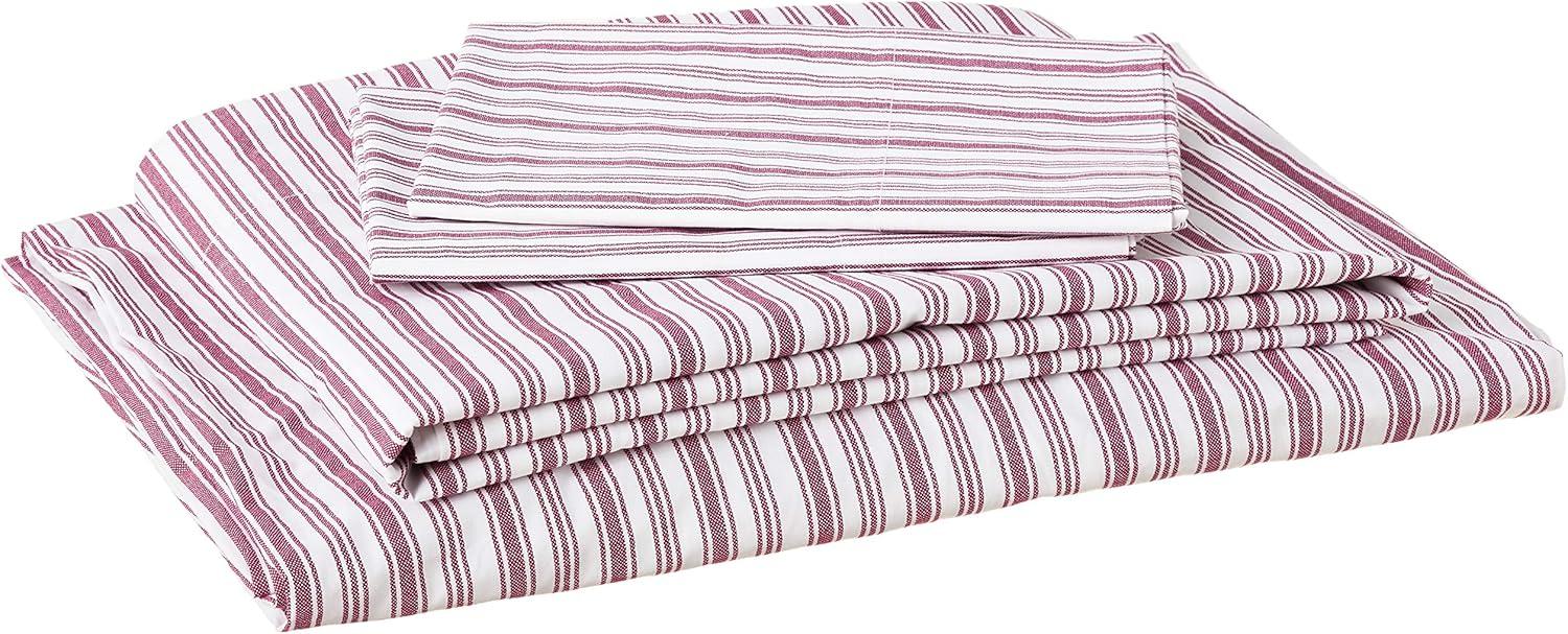 Queen Red Cotton Percale Striped Bedding Set