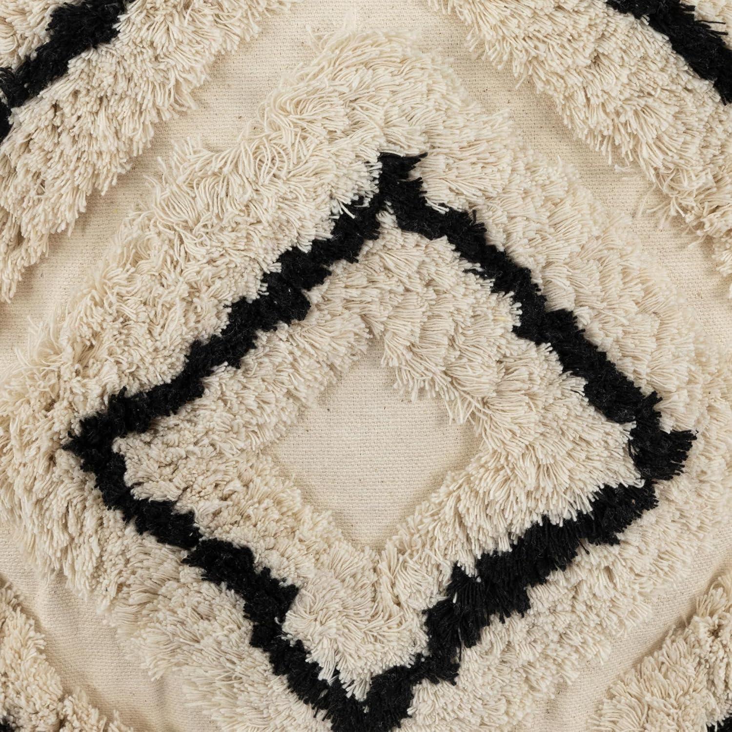 Beige and Black Boho Cotton Square Throw Pillow with Tassels