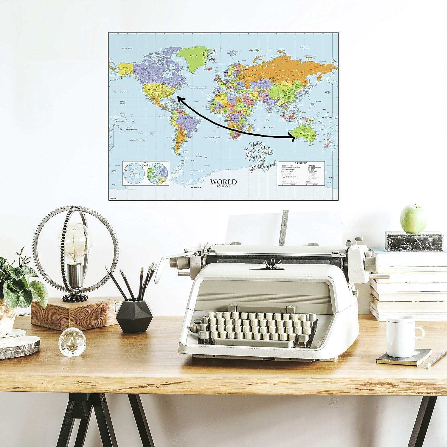 Dry Erase World Map Peel and Stick Reusable Wall Decal