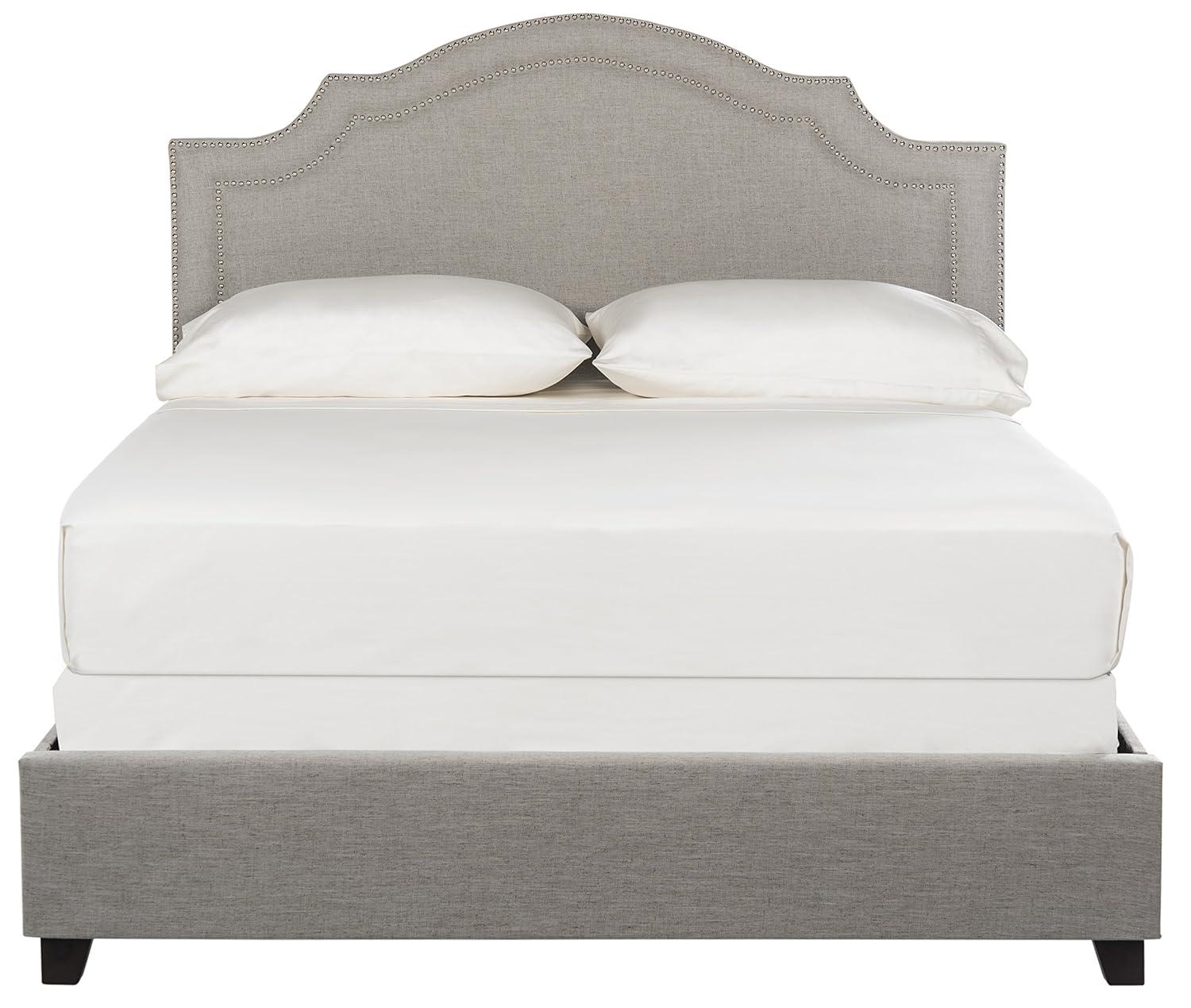 Beige Linen Upholstered Queen Platform Bed with Nailhead Trim