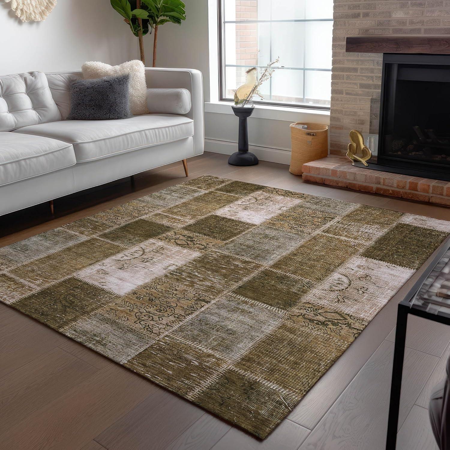 Brown Patchwork Machine-Washable Rectangular Area Rug