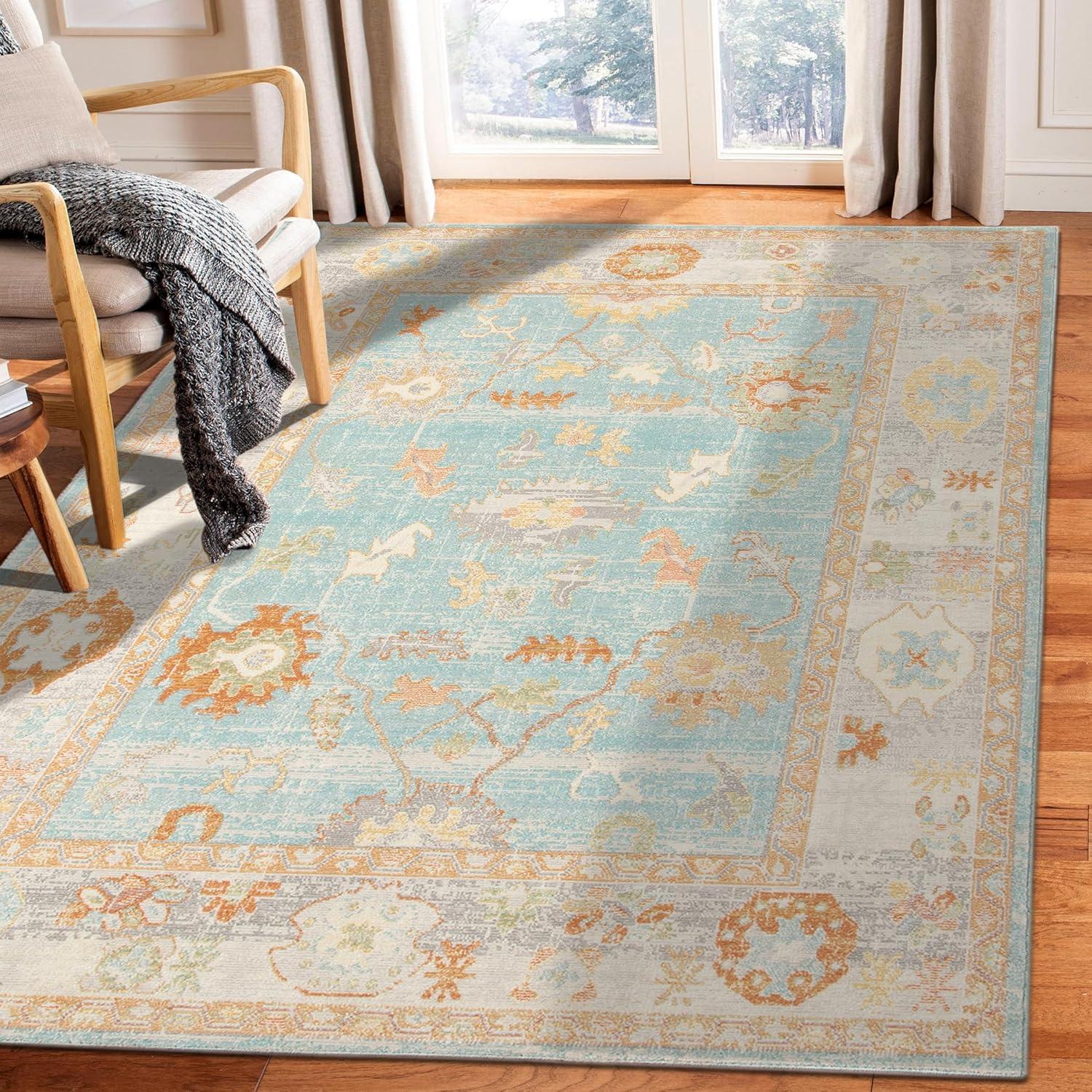 Aqua Bohemian Chic 8'9" x 11'9" Rectangular Easy-Care Area Rug