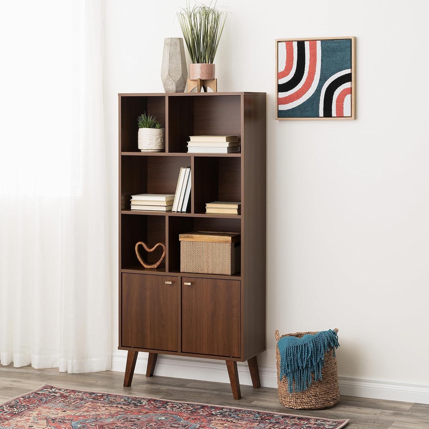 Prepac Milo Mid-Century Modern Bookcase with Inlet Shelves, Two Doors, and Brushed Brass-Finished Knobs, Cherry