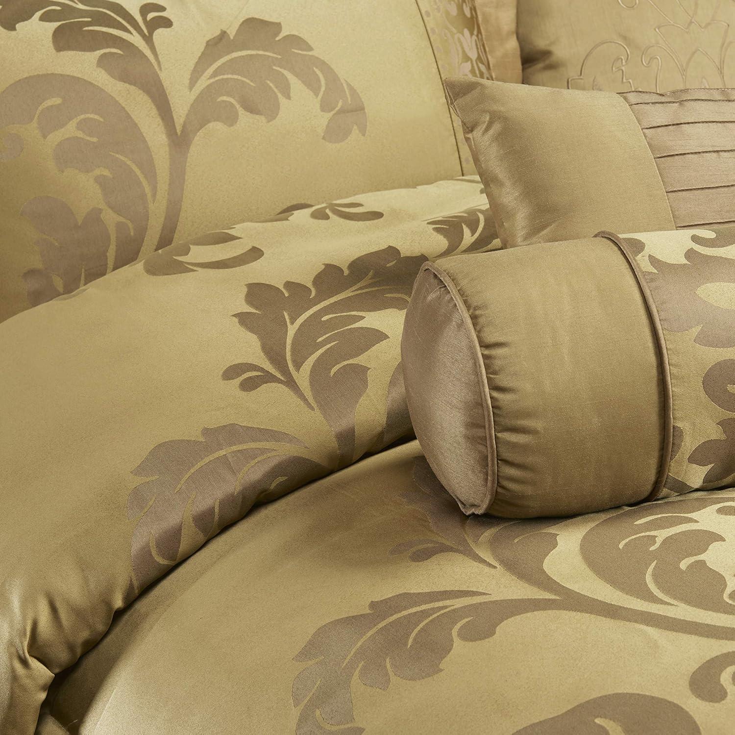 Chezmoi Collection Royal Luxury Jacquard Floral Comforter Set, Queen, Gold, 7-Piece