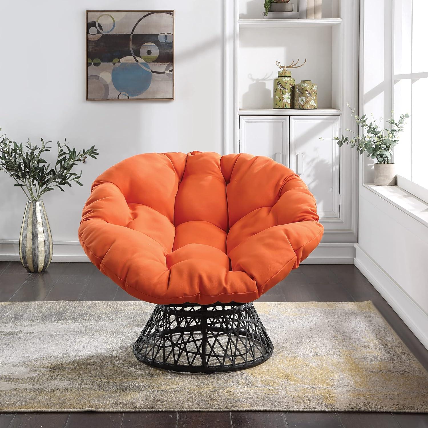 Papasan Chair with Orange Fabric Cushion and Gray Resin Wicker Frame