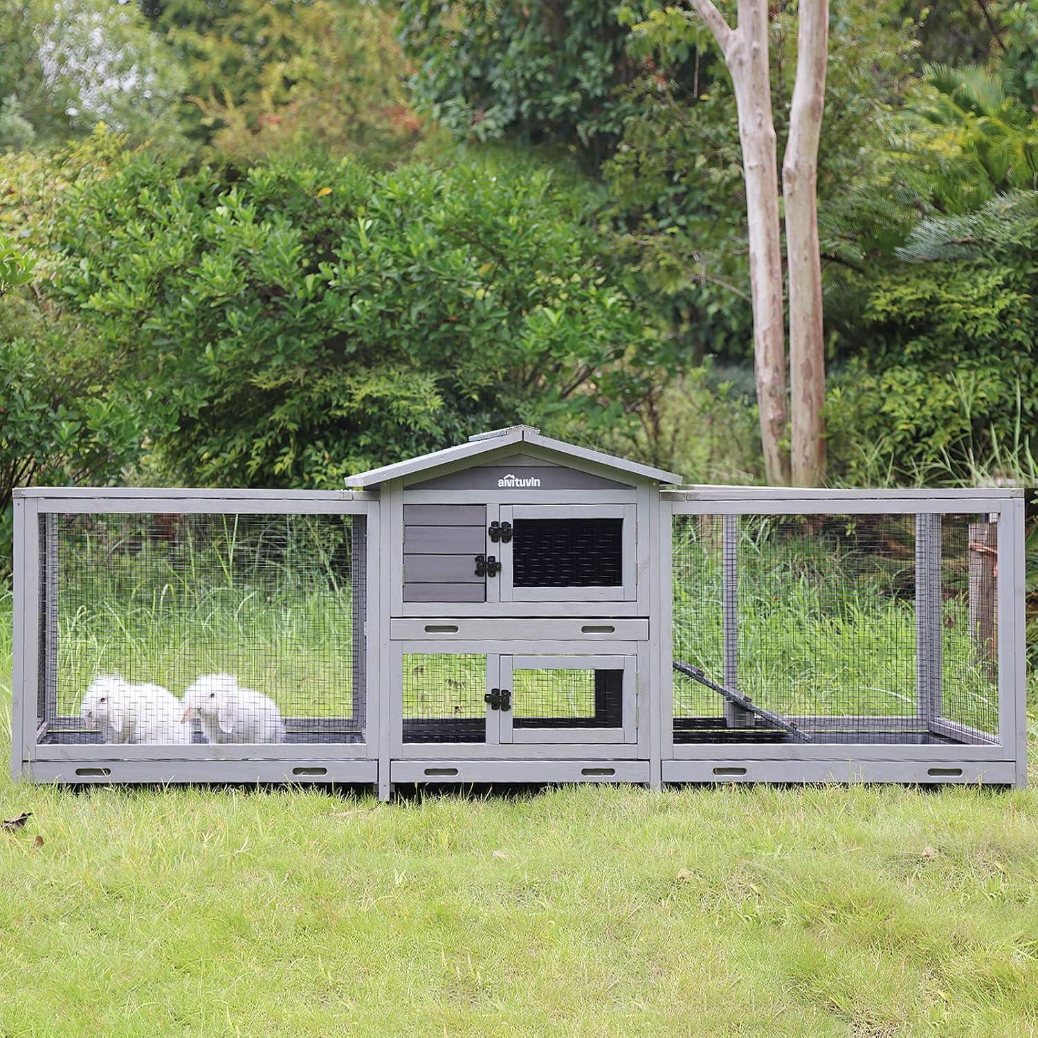 Gray Fir Wood Large Indoor Outdoor Rabbit Hutch with Wheels