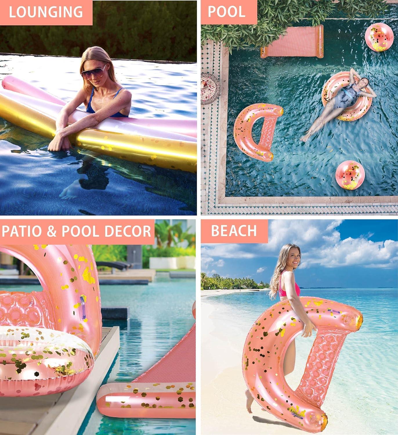 POZA Inflatable Rose Gold Full House Bundle - Premium Luxurious Sparkle Confetti 36" Pool Float Tube, 16" Beach Balls, 74" Pool Noodles, 48" Pool Chair, and 56" Water Hammock - 7 Pieces Pack