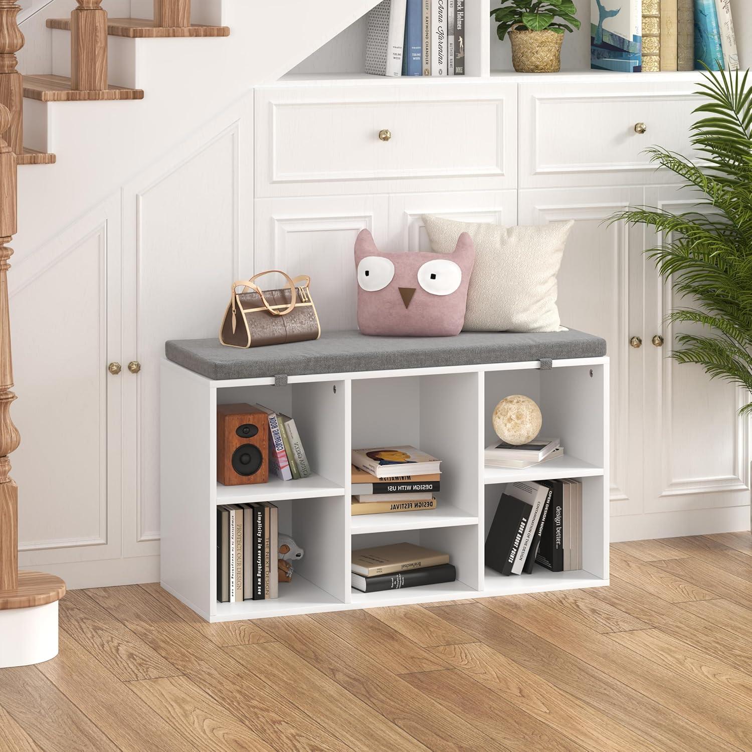 White MDF Shoe Storage Bench with Gray Cushion and 6 Compartments