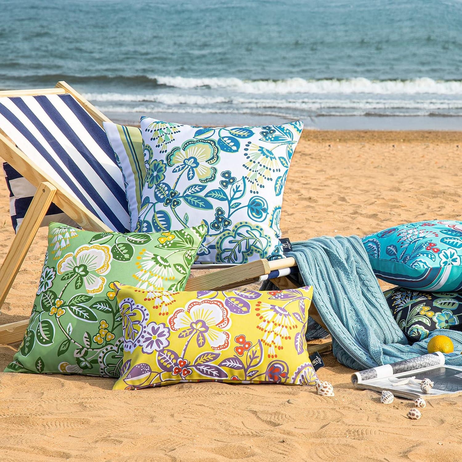 Turquoise Floral and Striped Waterproof Polyester Pillow Covers Set