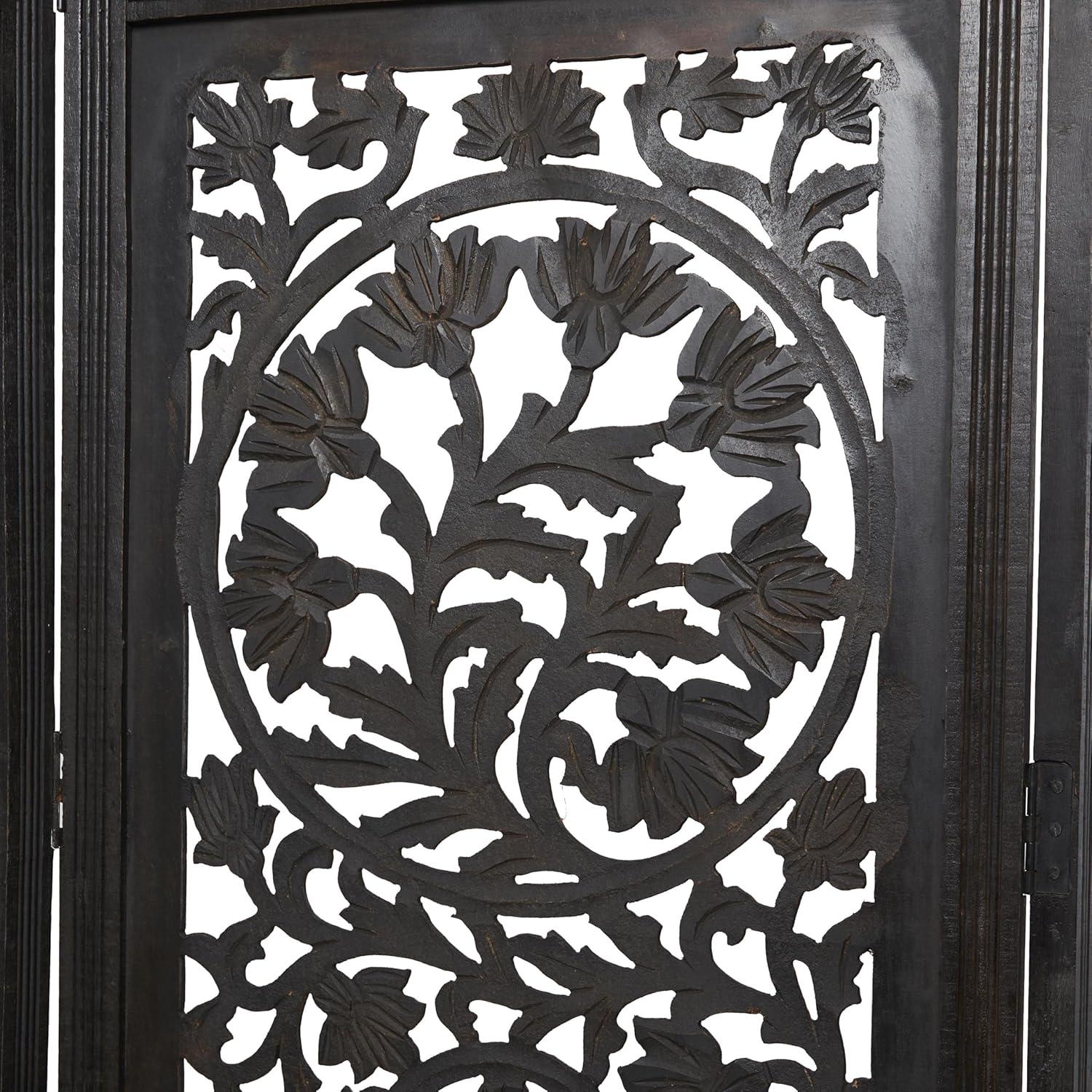 DecMode 80" x 72" Black Wood Floral Handmade Hinged Foldable Partition 4 Panel Room Divider Screen with Intricately Carved Designs, 1-Piece